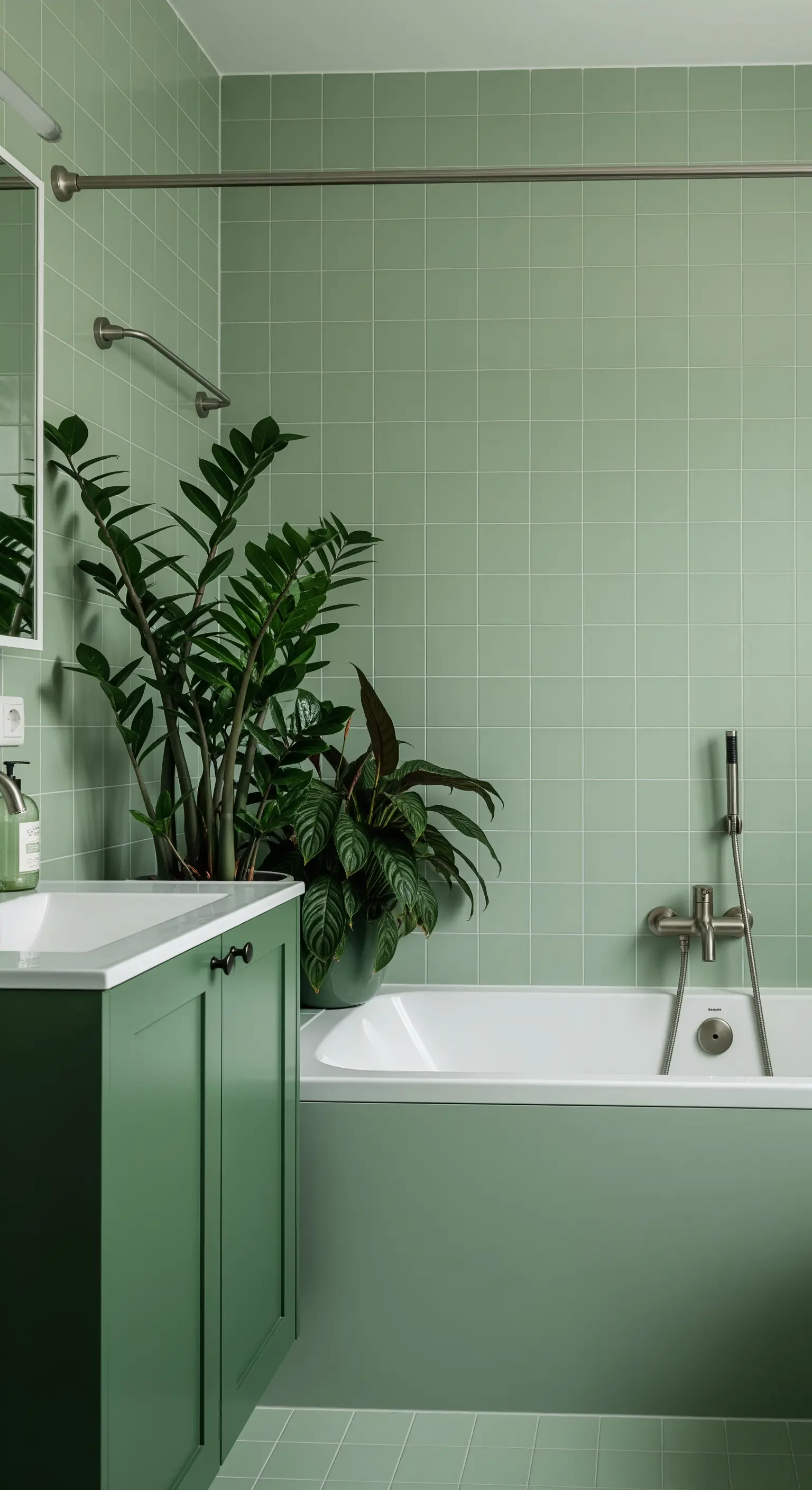 Bagno monocromatico verde salvia con mobile e piastrelle coordinate e una pianta di Zamioculcas.