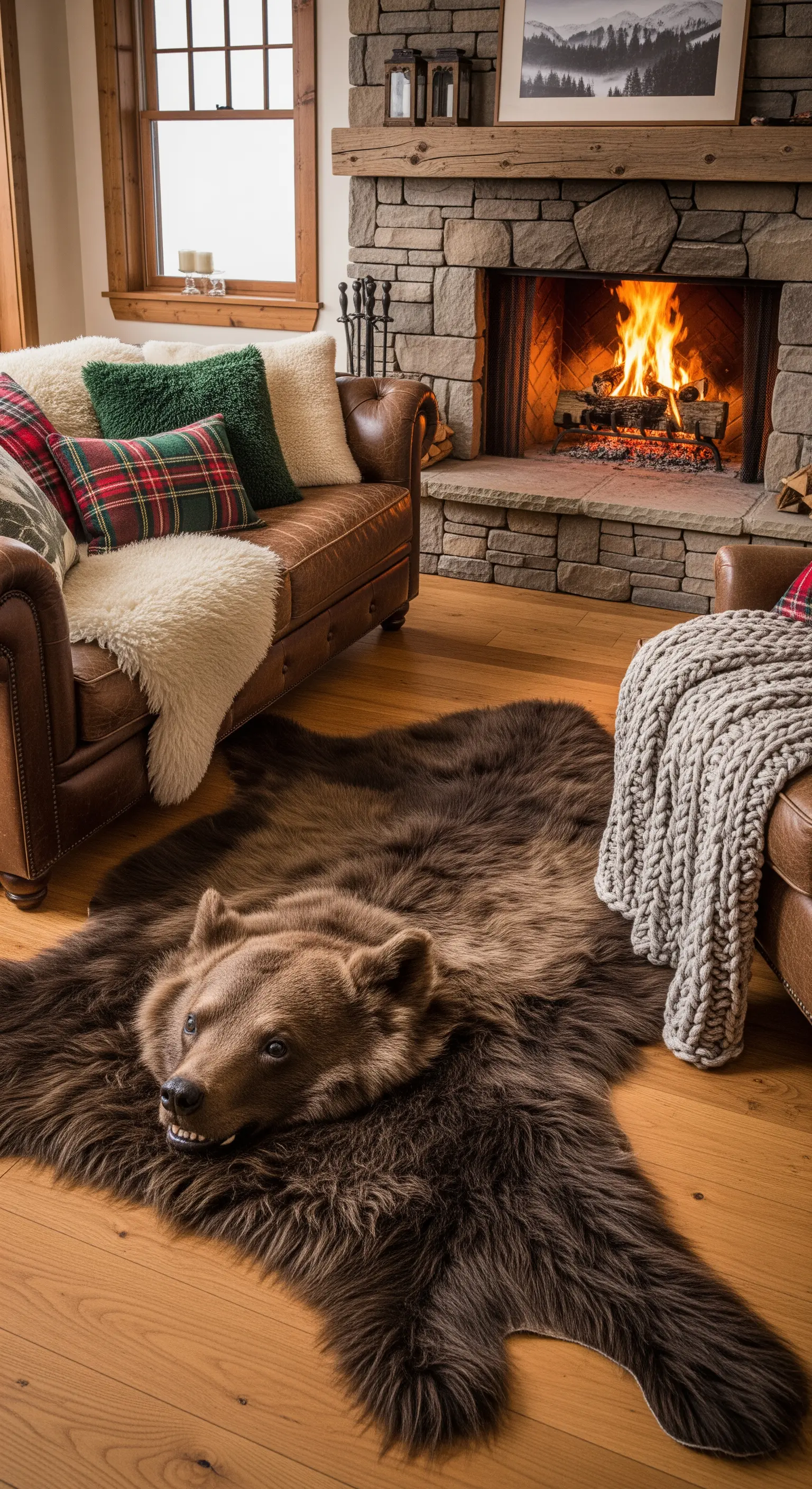 Salotto rustico con camino in pietra, divano in pelle e un grande tappeto di pelliccia.