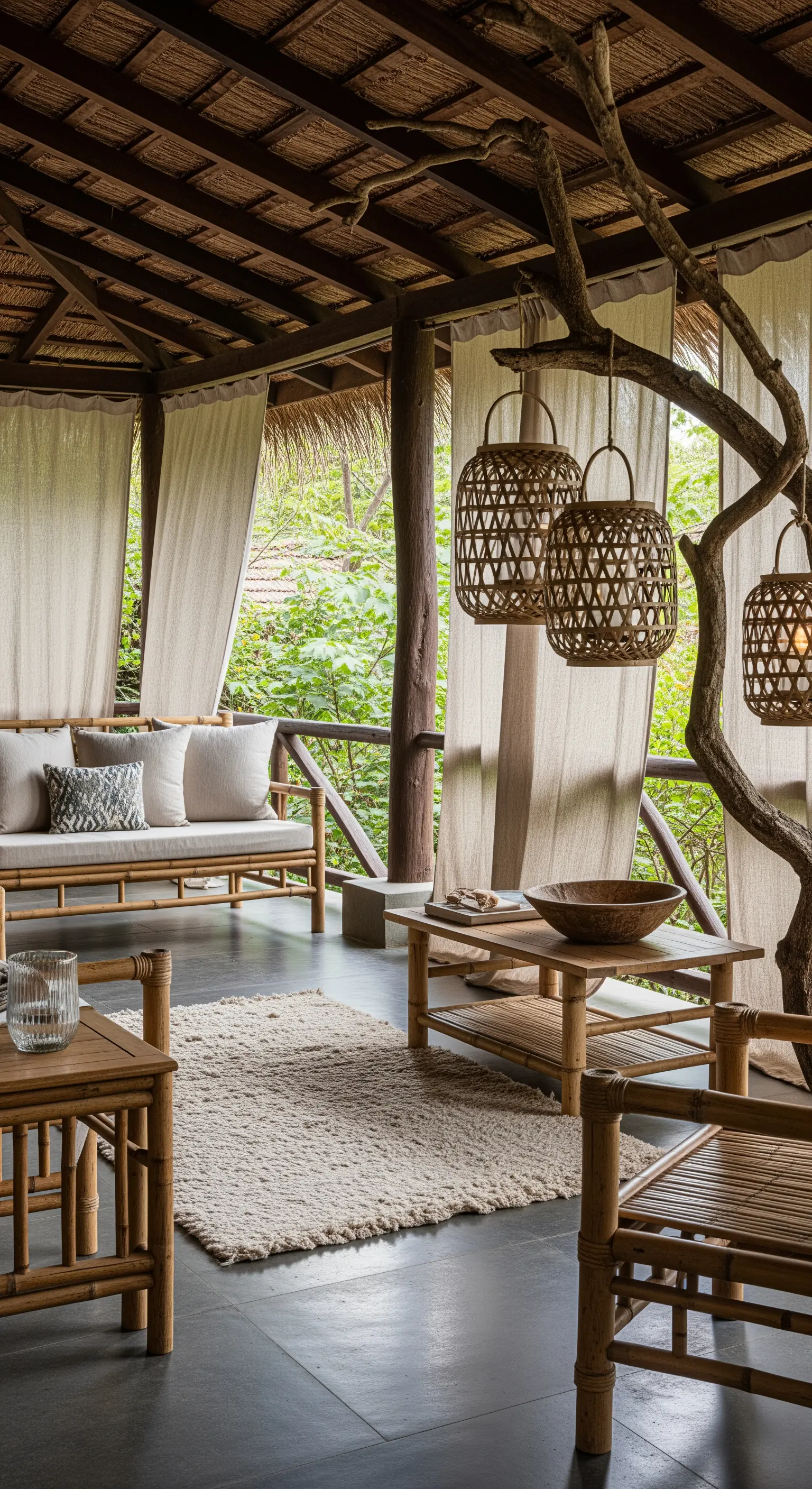 Veranda in stile naturale con mobili in bambù, tende in lino grezzo e lanterne intrecciate