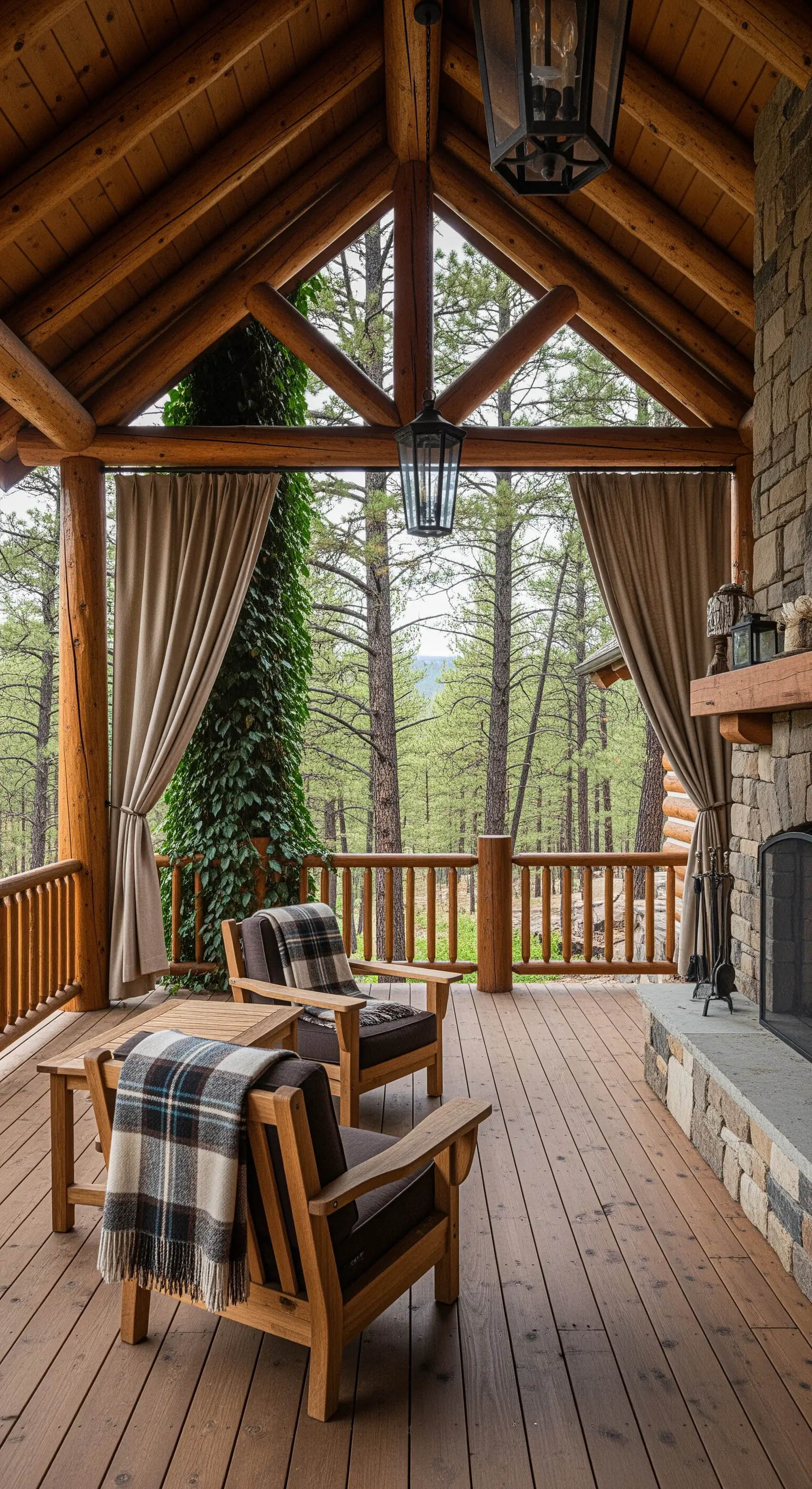 Portico di una baita in legno con camino in pietra e poltrone con plaid.