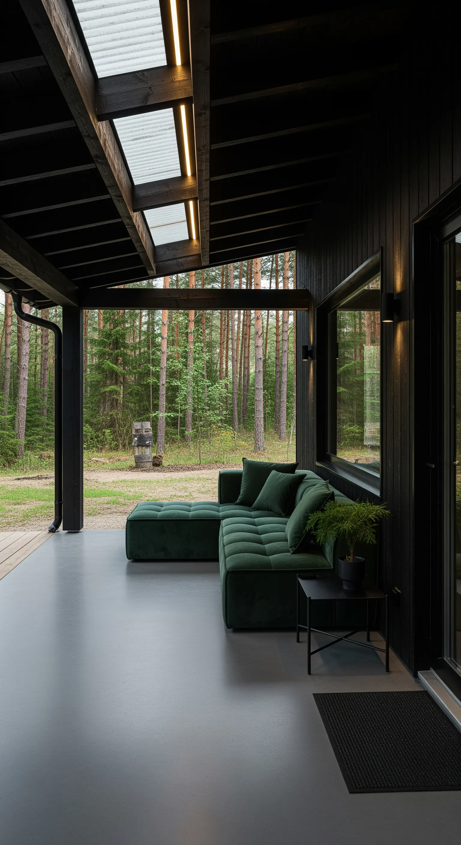 Portico nero con pavimento in cemento grigio e divano angolare in velluto verde scuro