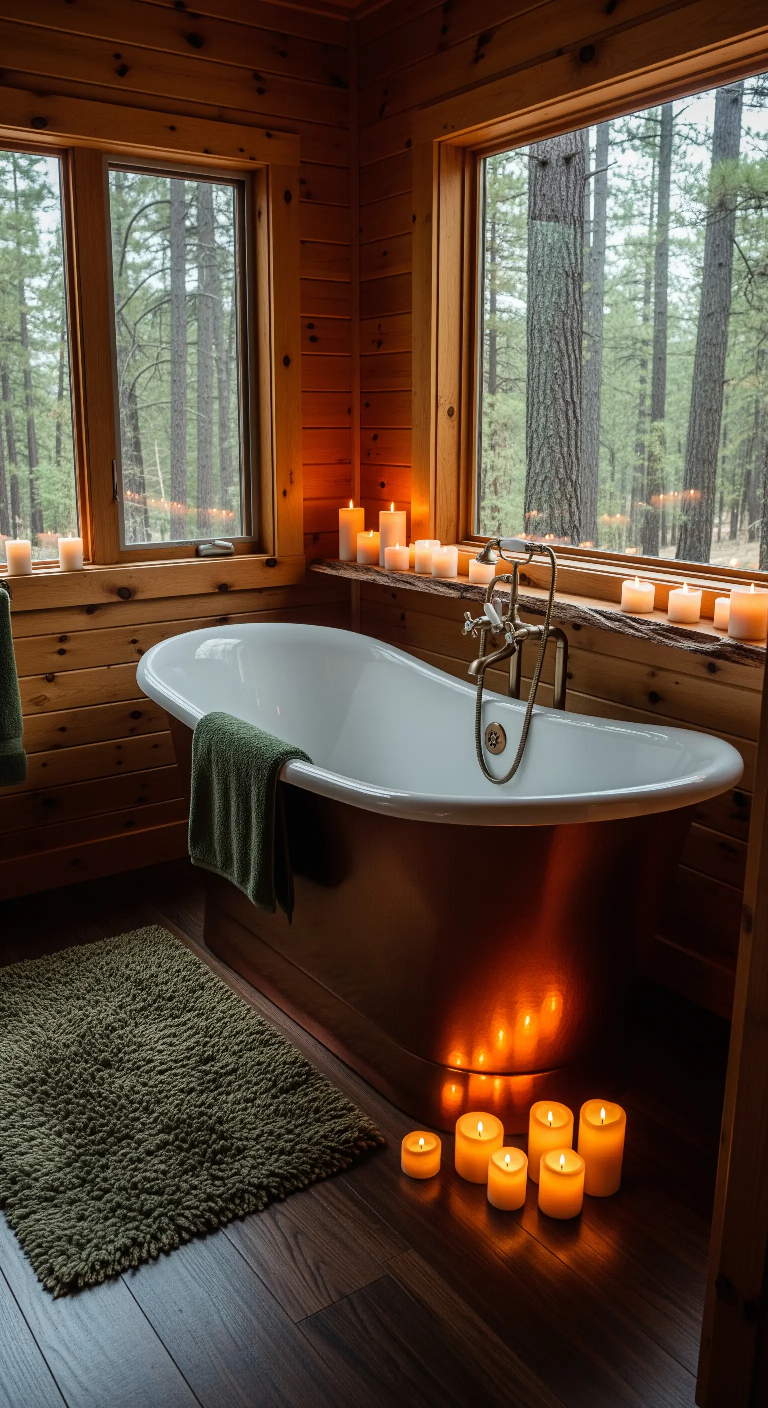 Bagno in stile baita con pareti in legno, vasca color rame e tappeto verde scuro.