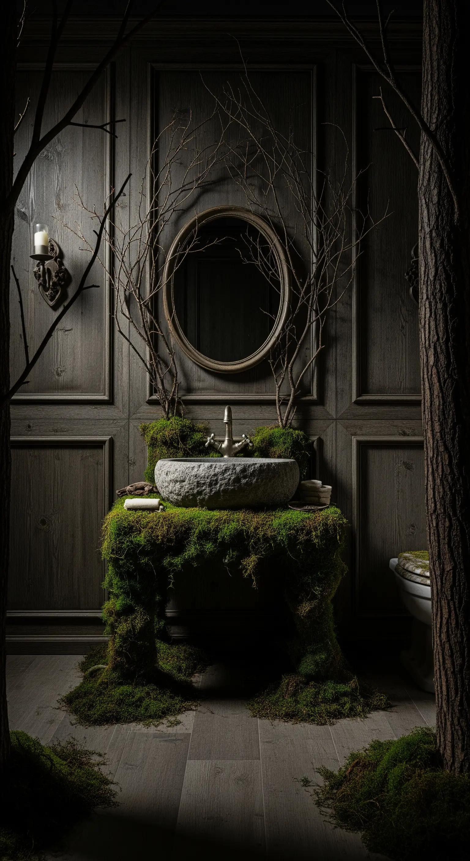 Bagno a tema bosco con lavabo ricoperto di muschio e rami secchi attorno allo specchio