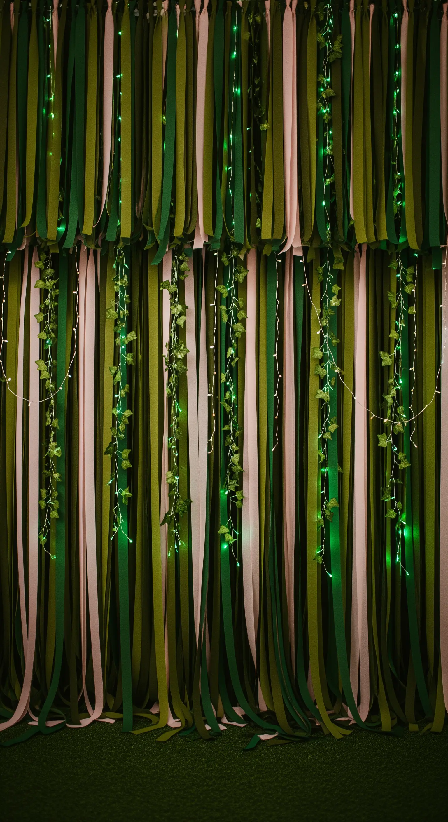 Tenda di carta crespa verde con edera finta e lucine LED verdi.