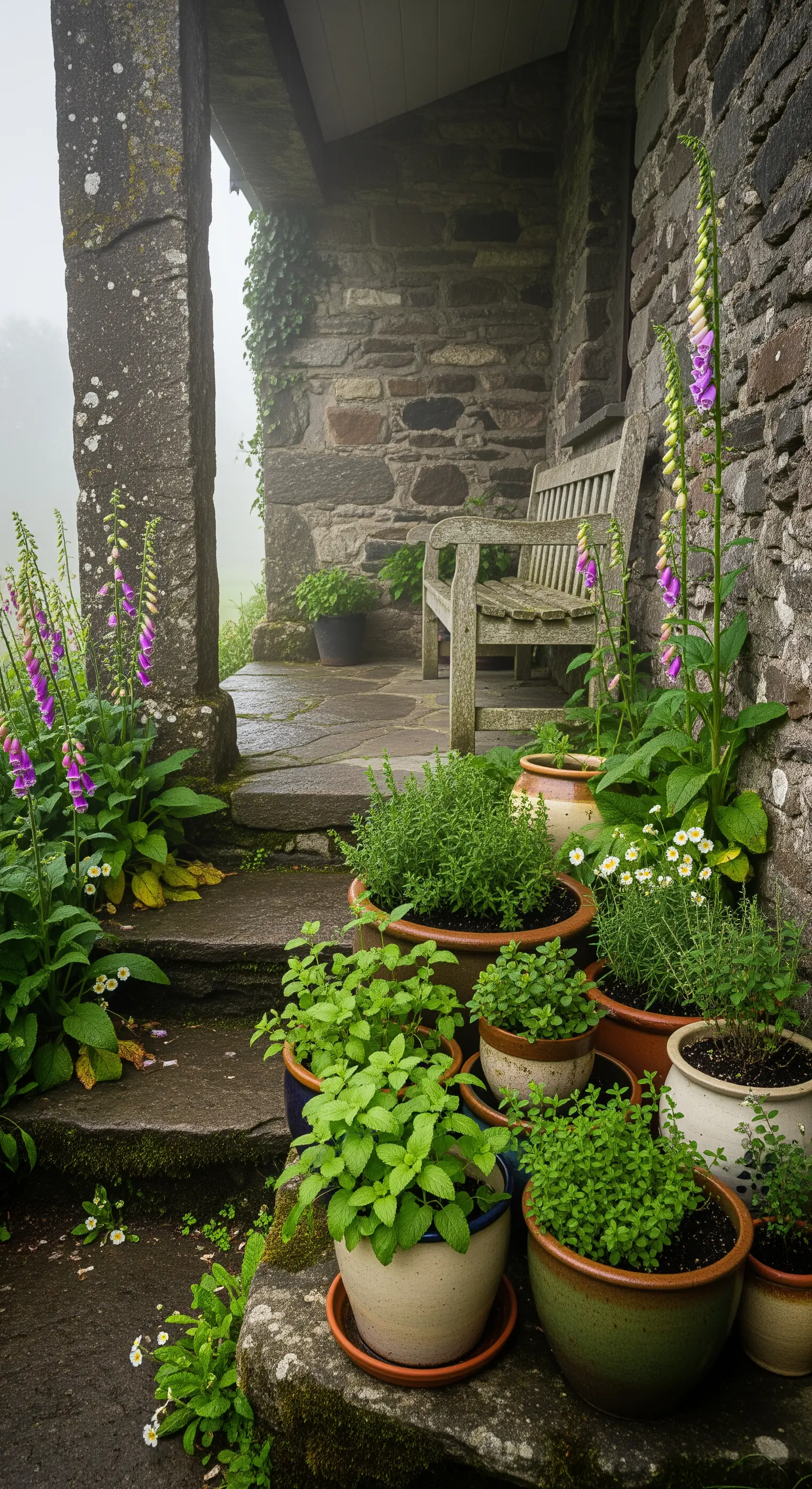 Portico in pietra con panca in legno e una collezione di vasi in ceramica con erbe aromatiche.