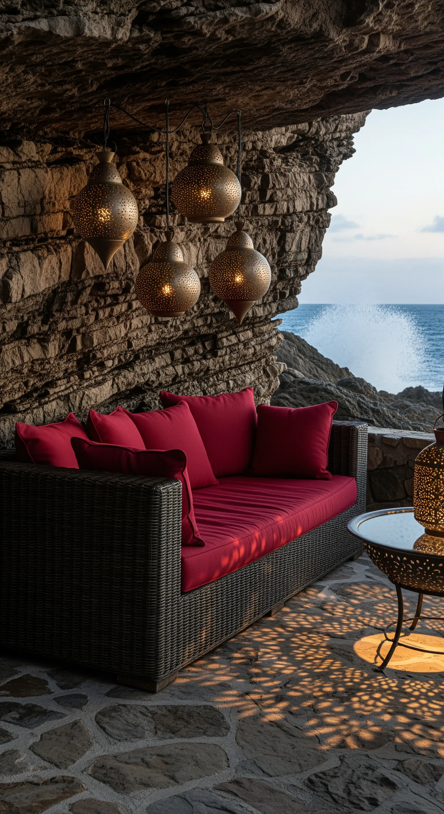 Divano scuro con cuscini rossi in una grotta affacciata sul mare, illuminato da lanterne marocchine.