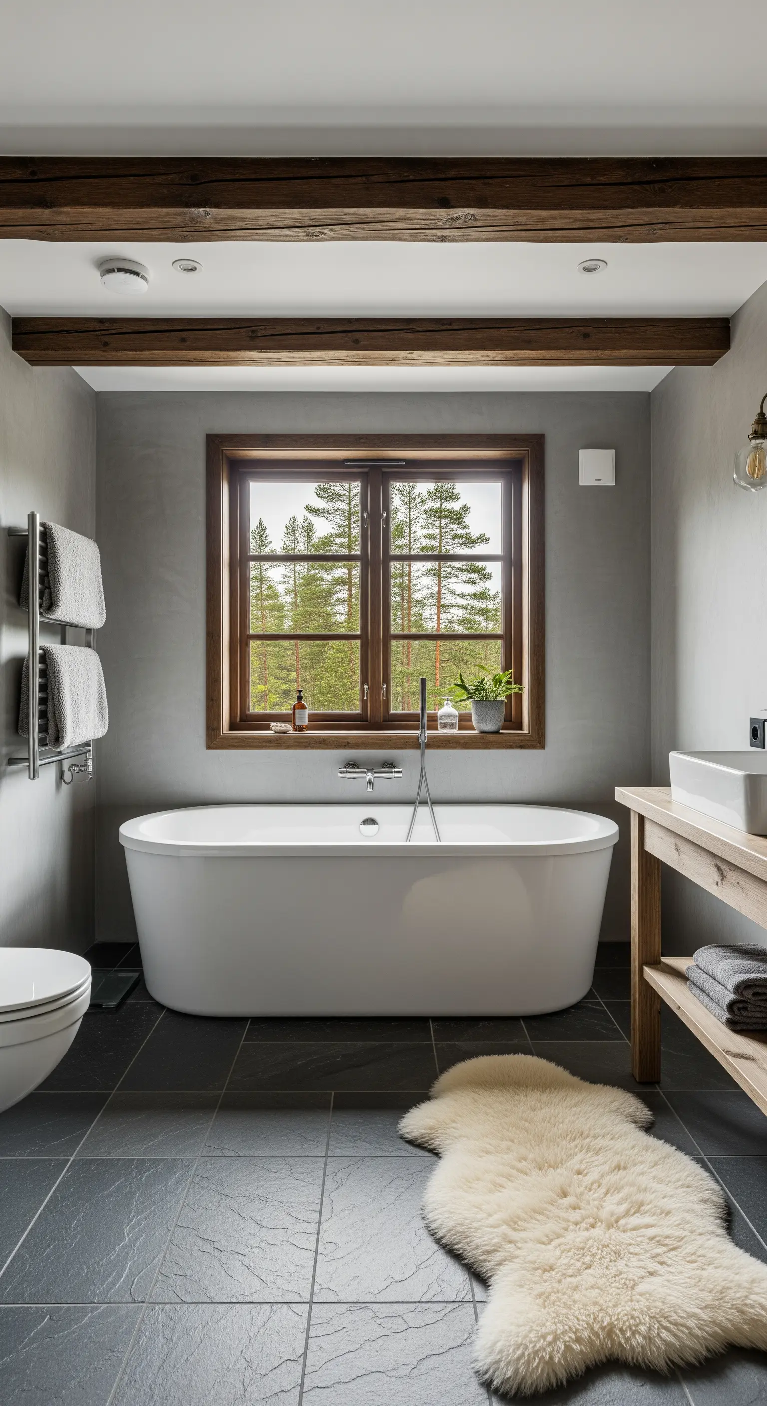 Bagno rustico-moderno con travi in legno, finestra con vista sulla foresta e tappeto di pelliccia.