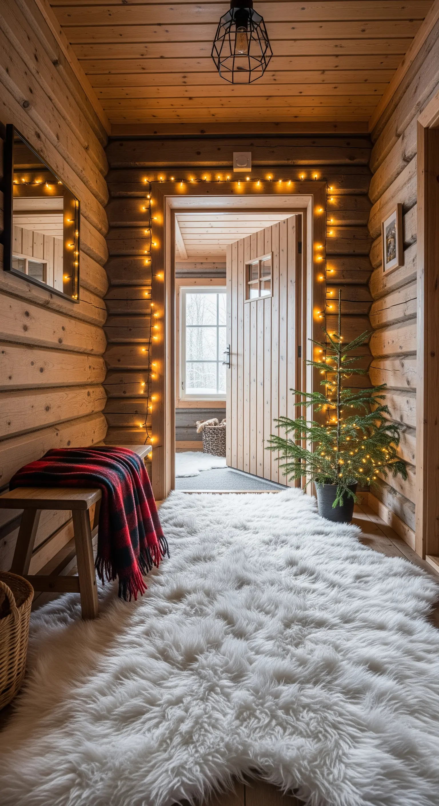 Corridoio in legno di una baita, con tappeto in pelliccia e porta incorniciata da luci.