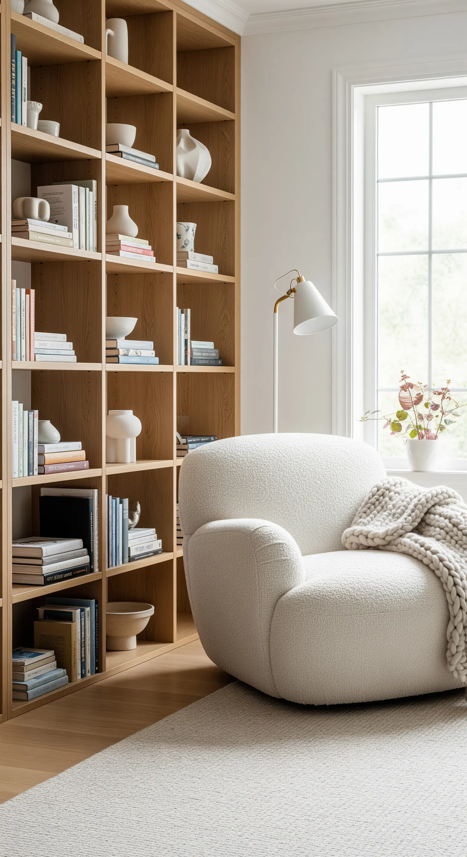 Libreria in legno chiaro con poltrona bouclé bianca accanto a una finestra luminosa.