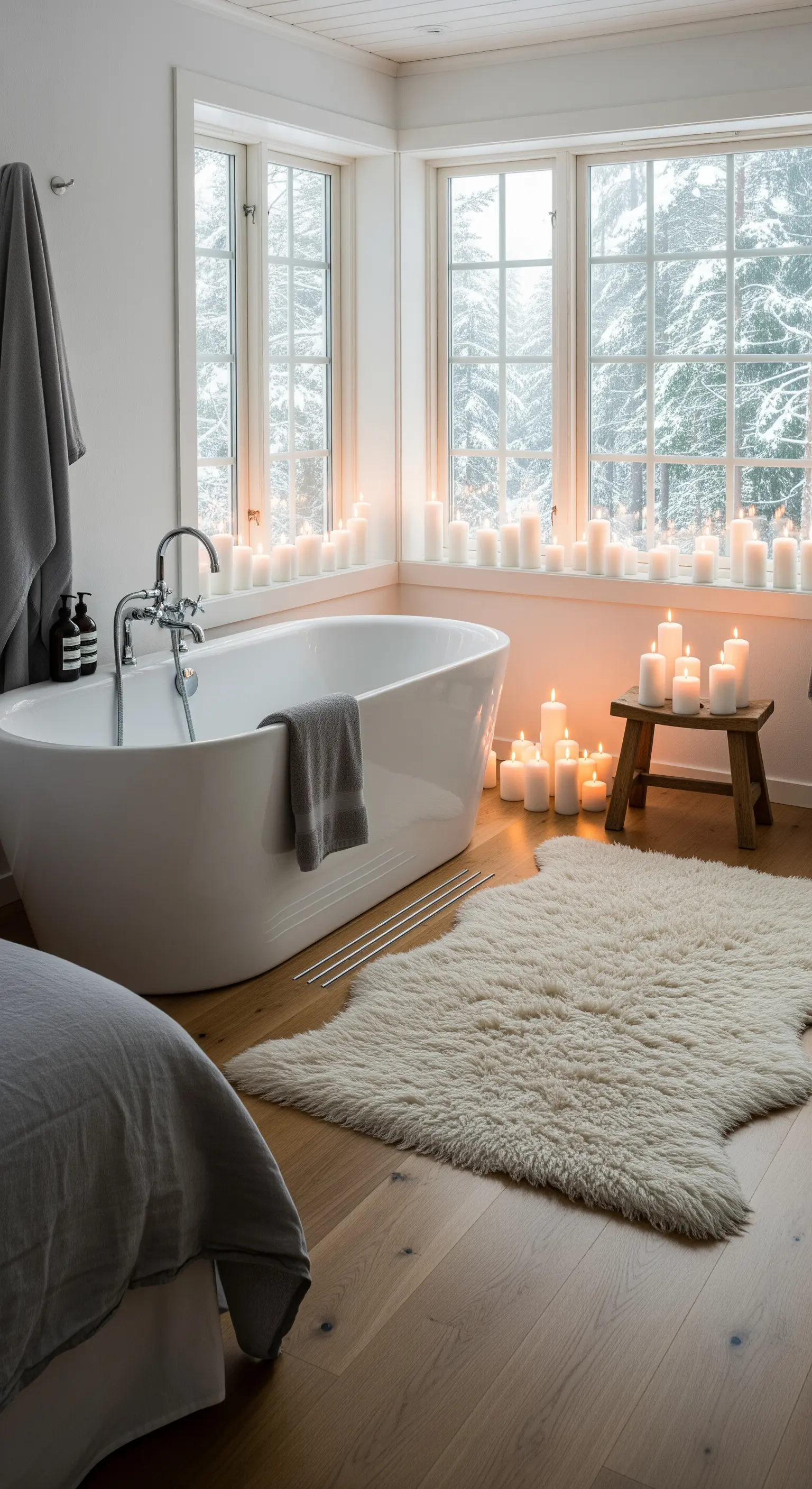 Bagno con vasca freestanding, tappeto in pelliccia sintetica e candele su sfondo innevato.