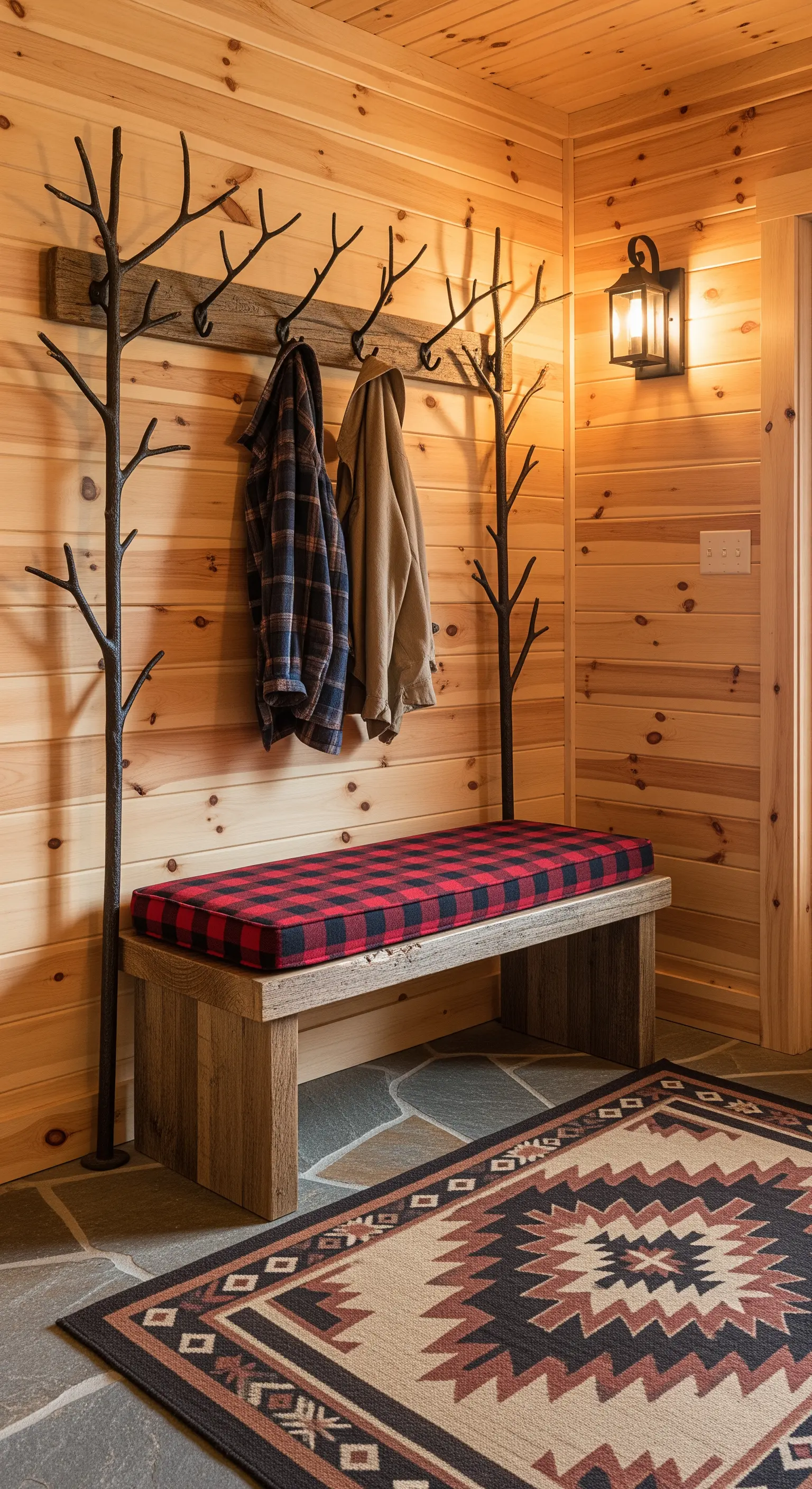 Ingresso rustico con pareti in legno, panca con cuscino scozzese e appendiabiti a forma di rami.