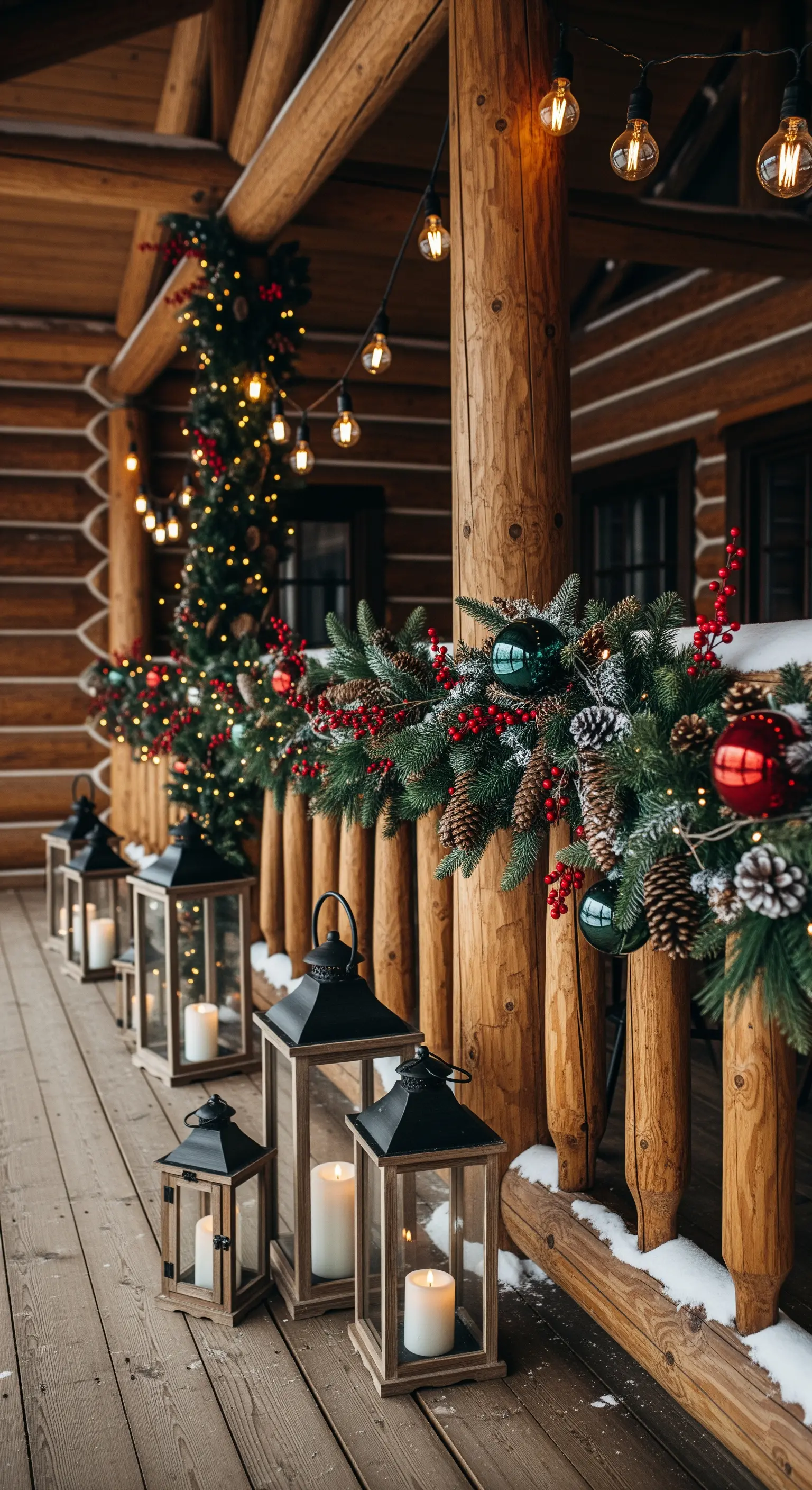 Balcone di una baita in legno con ghirlande, pigne, palline colorate e un gruppo di lanterne a terra
