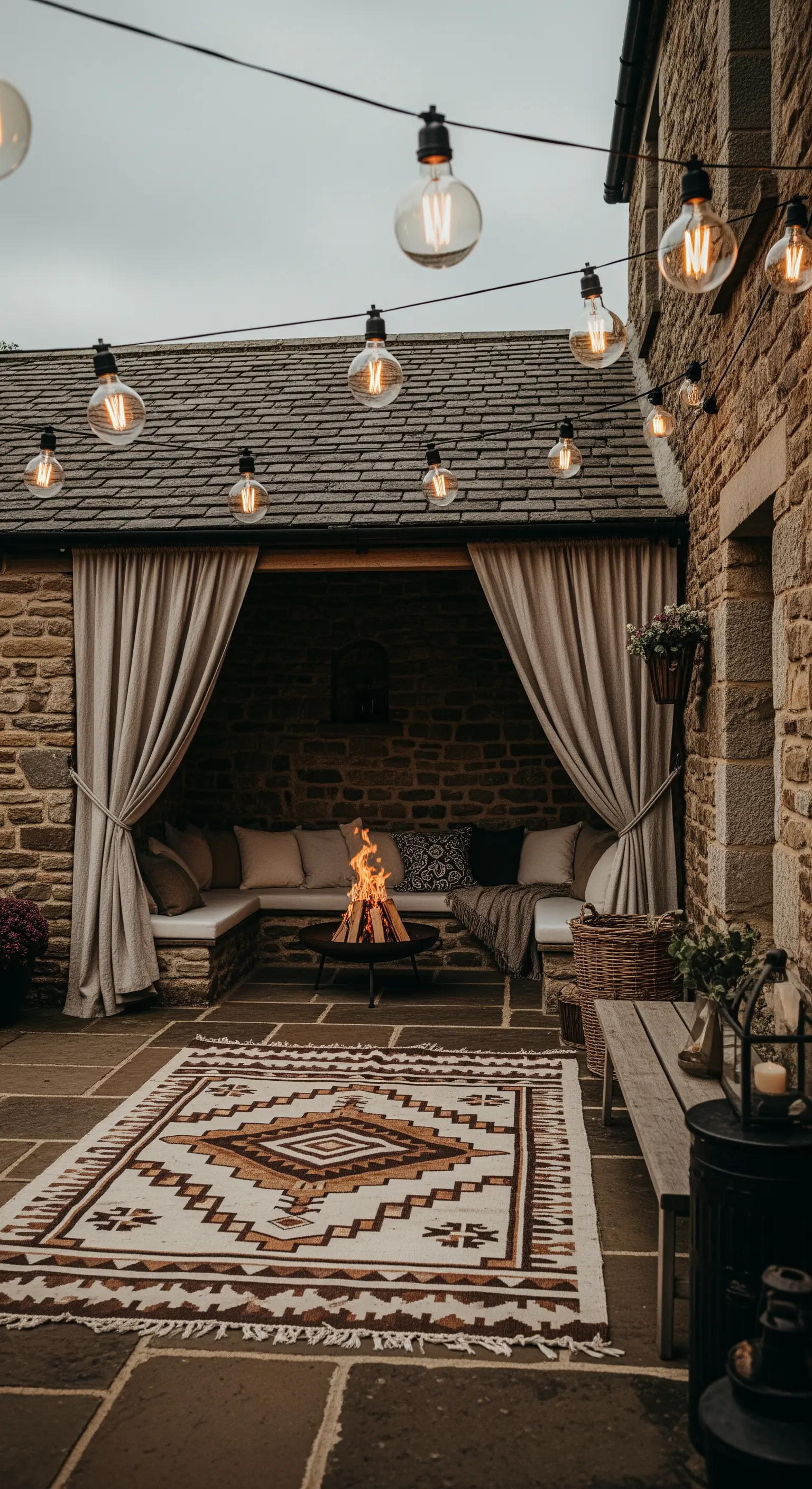 Patio in pietra con braciere, divani integrati, tende e un tappeto etnico.