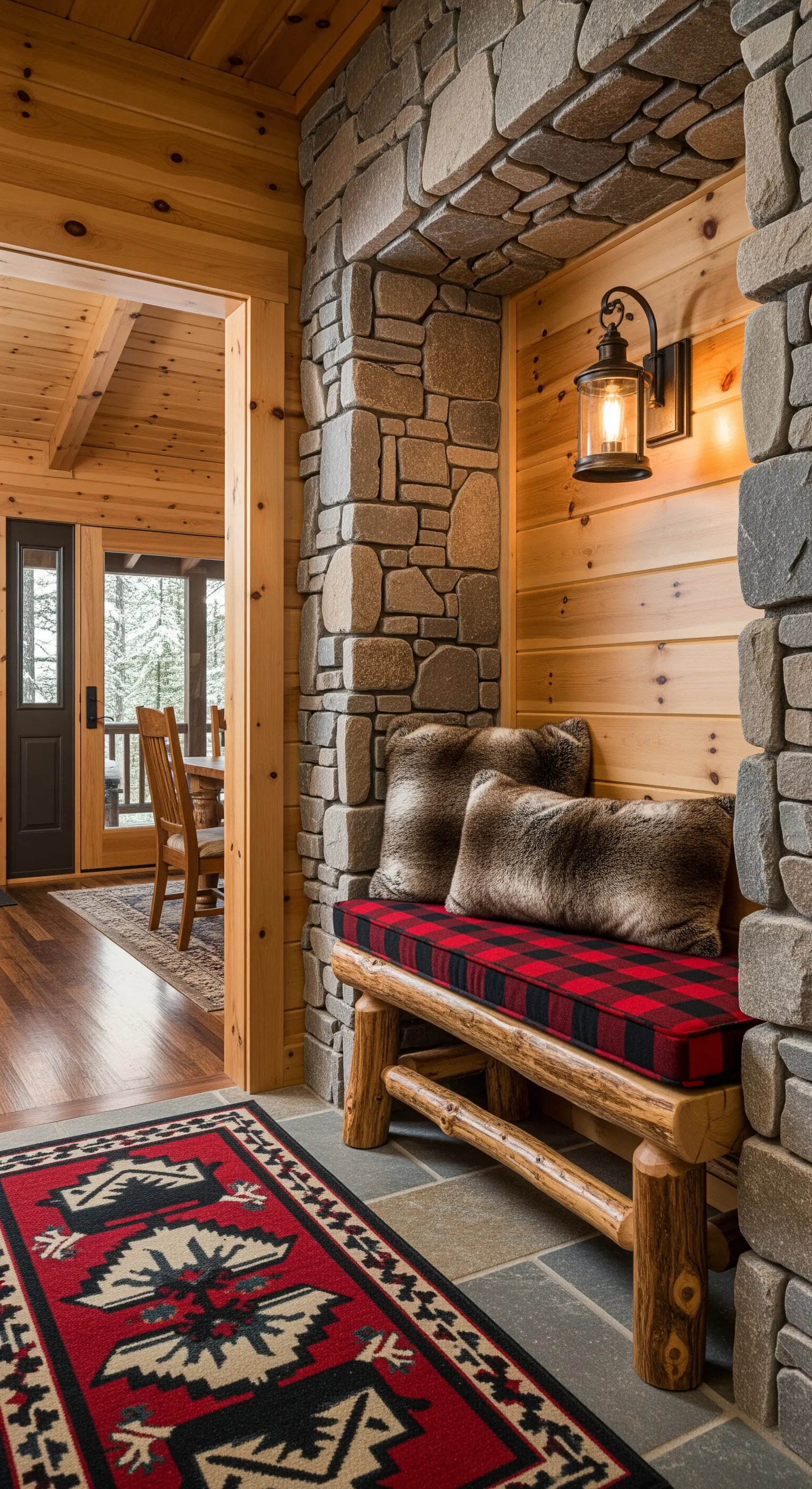 Panca rustica in tronchi di legno con cuscino scozzese, incastonata in una parete di pietra.