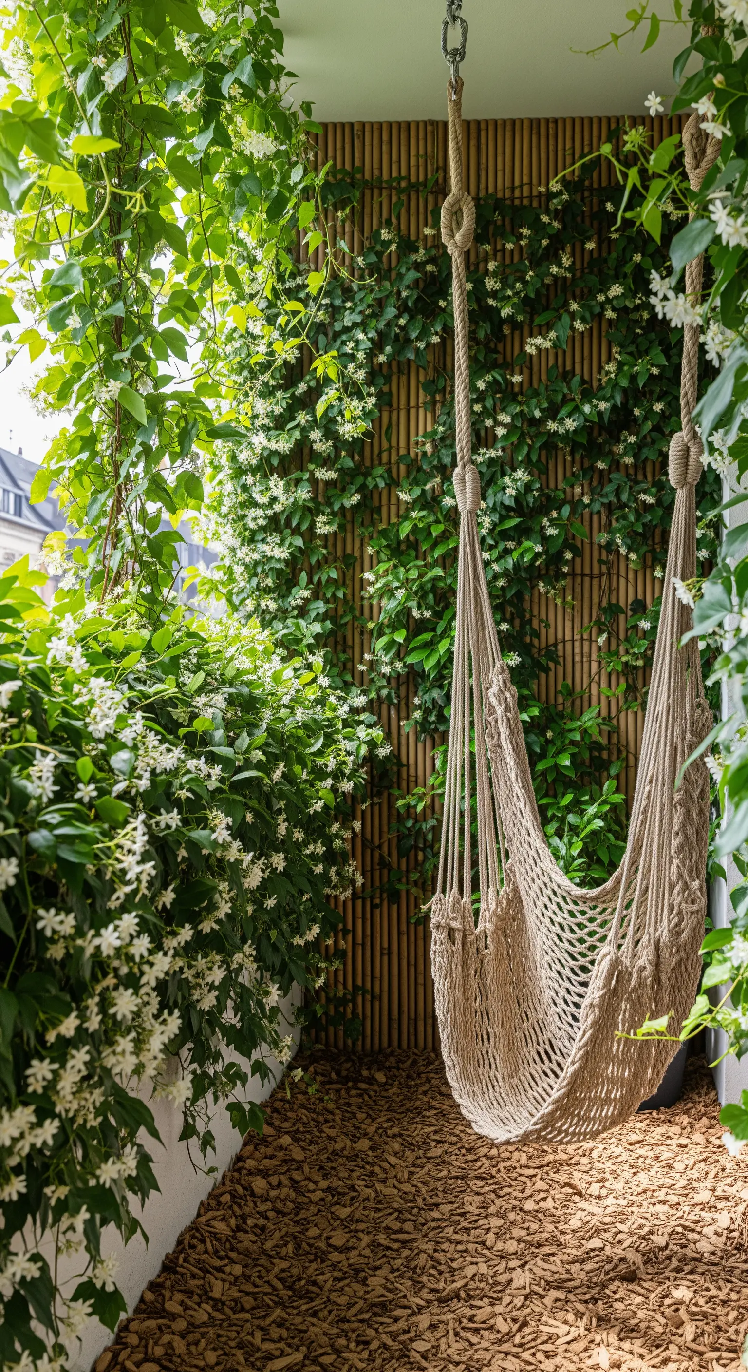 Amaca in corda sospesa in un angolo di balcone ricoperto di gelsomino.