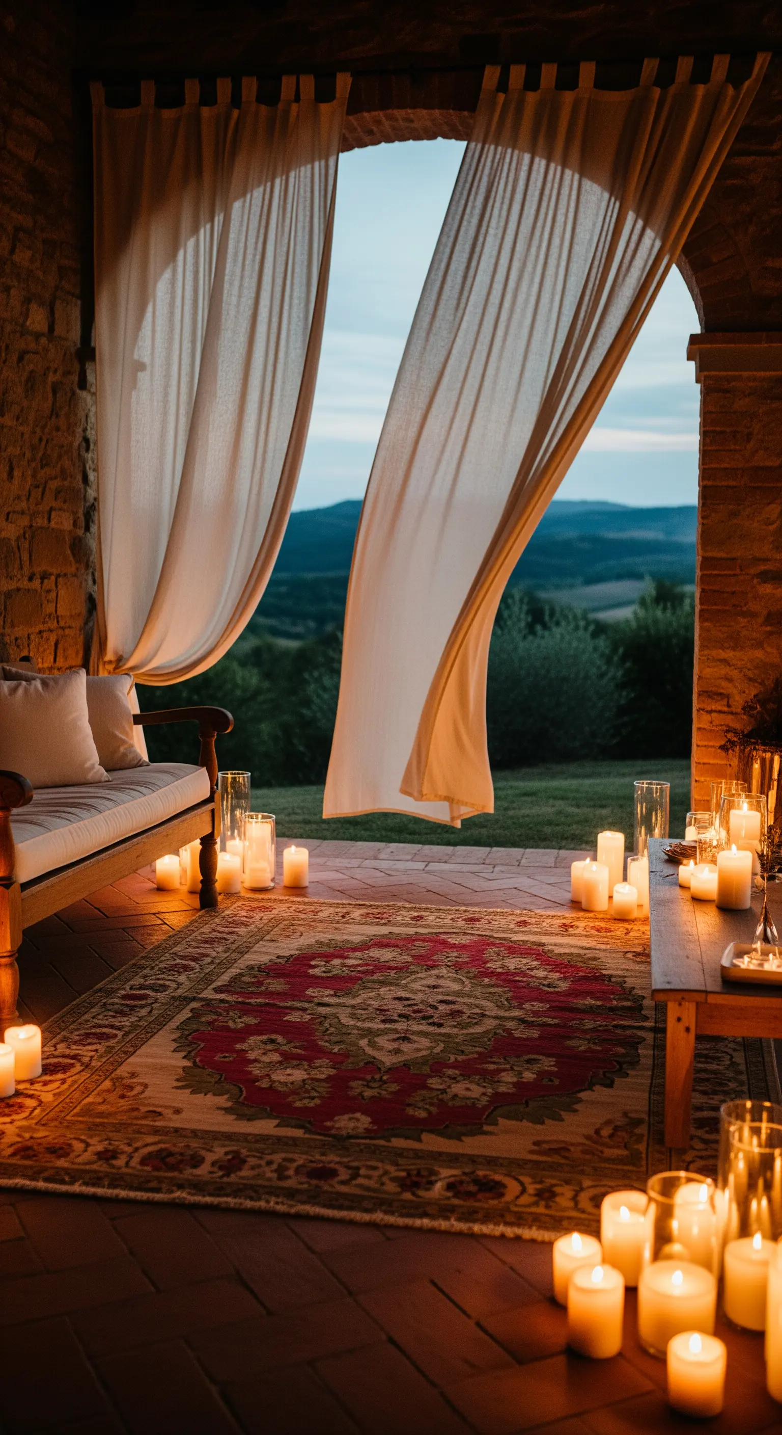 Veranda rustica con pavimento in cotto, tappeto persiano e tende leggere mosse dal vento.
