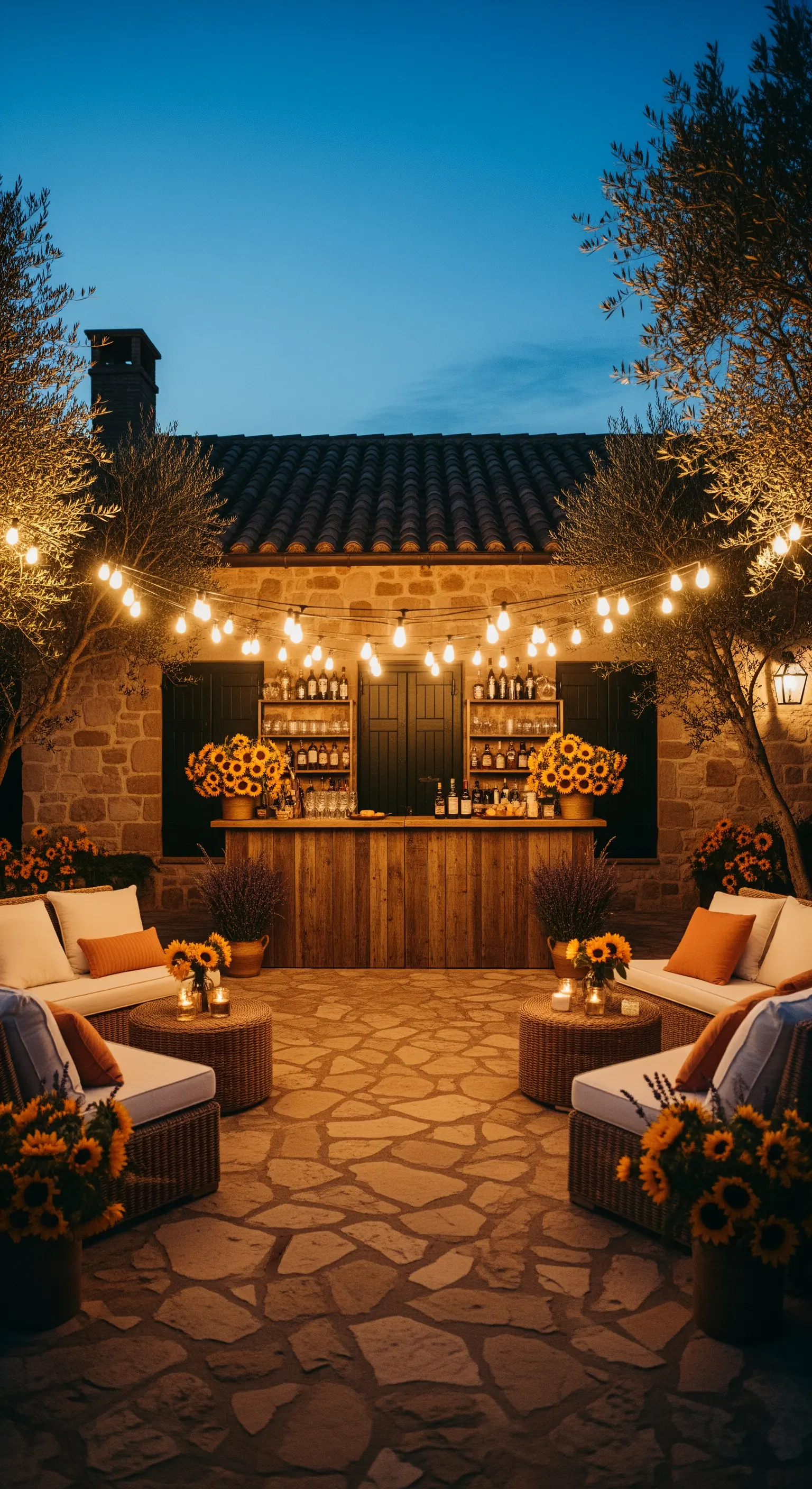 Cocktail bar in legno sotto un pergolato di lucine, con girasoli e divani in vimini.