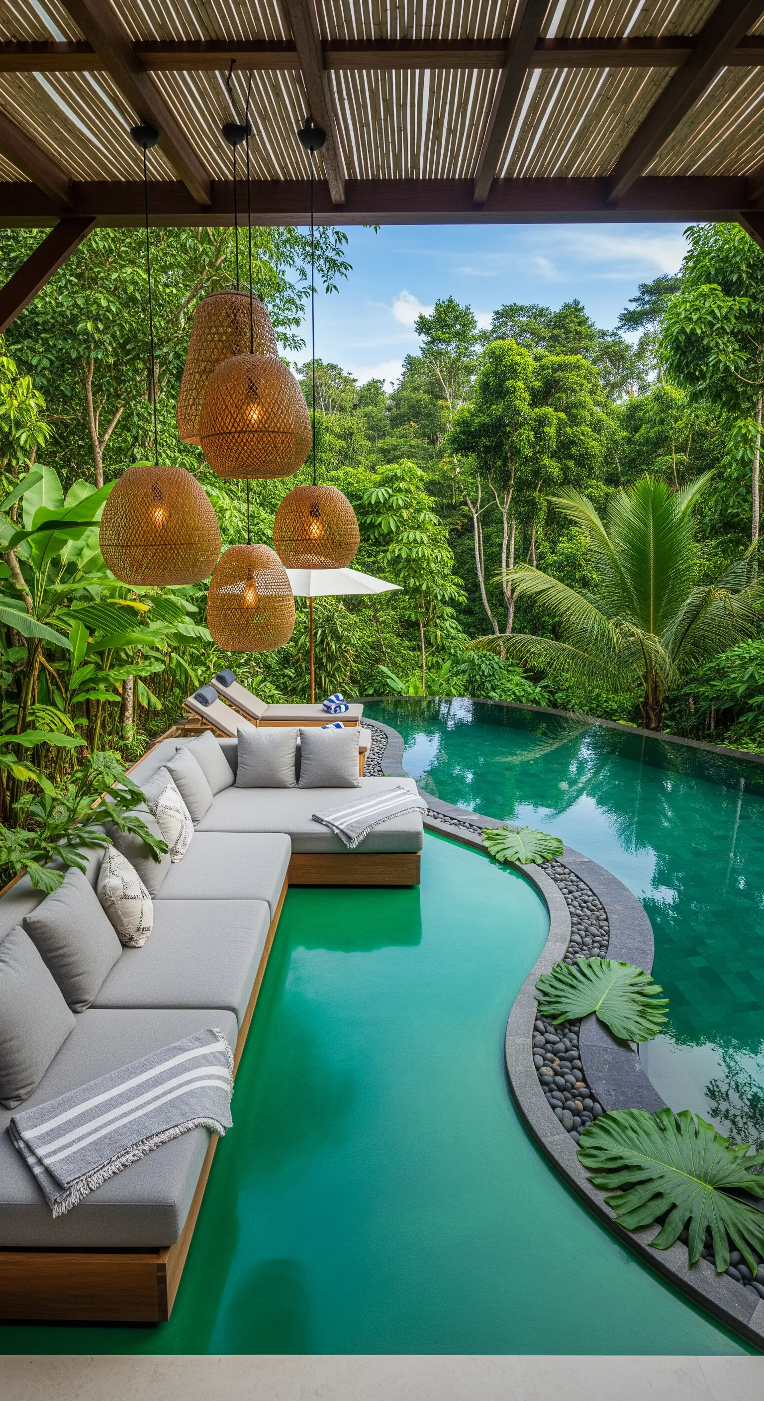 Patio tropicale con pavimento in resina verde, divano grigio chiaro e lampade in rattan.