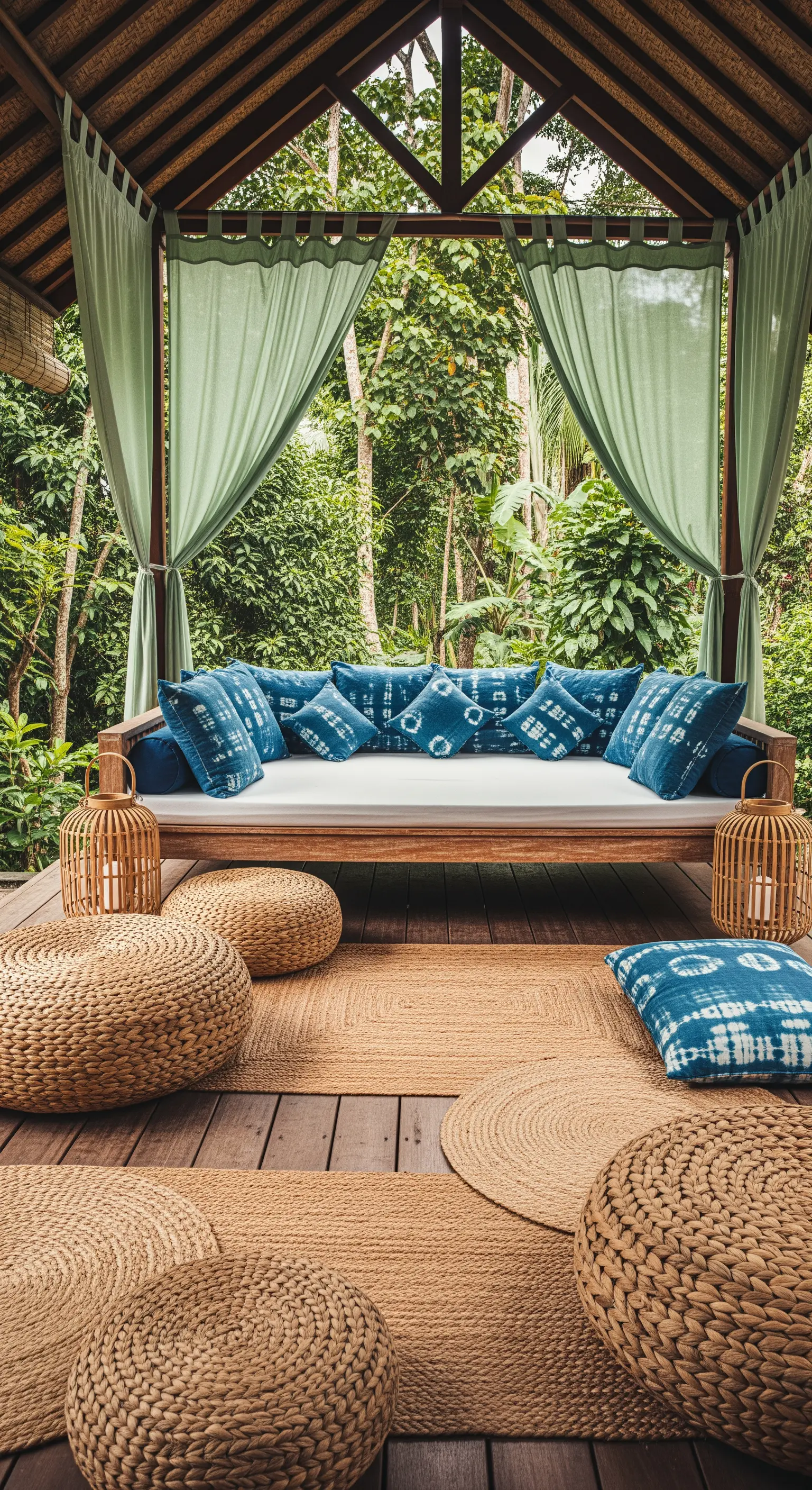Gazebo in legno con daybed, cuscini blu tie-dye, pouf e tappeti in iuta.