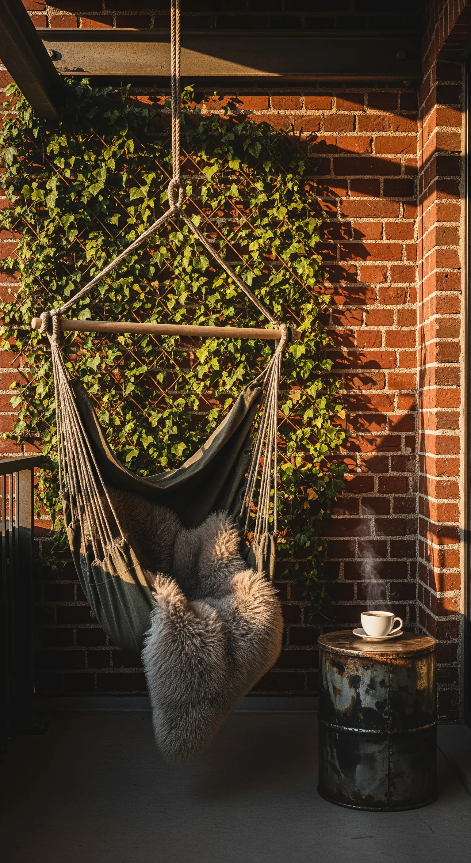 Amaca in tessuto grezzo con una coperta di pelliccia, appesa a una parete di mattoni con edera.