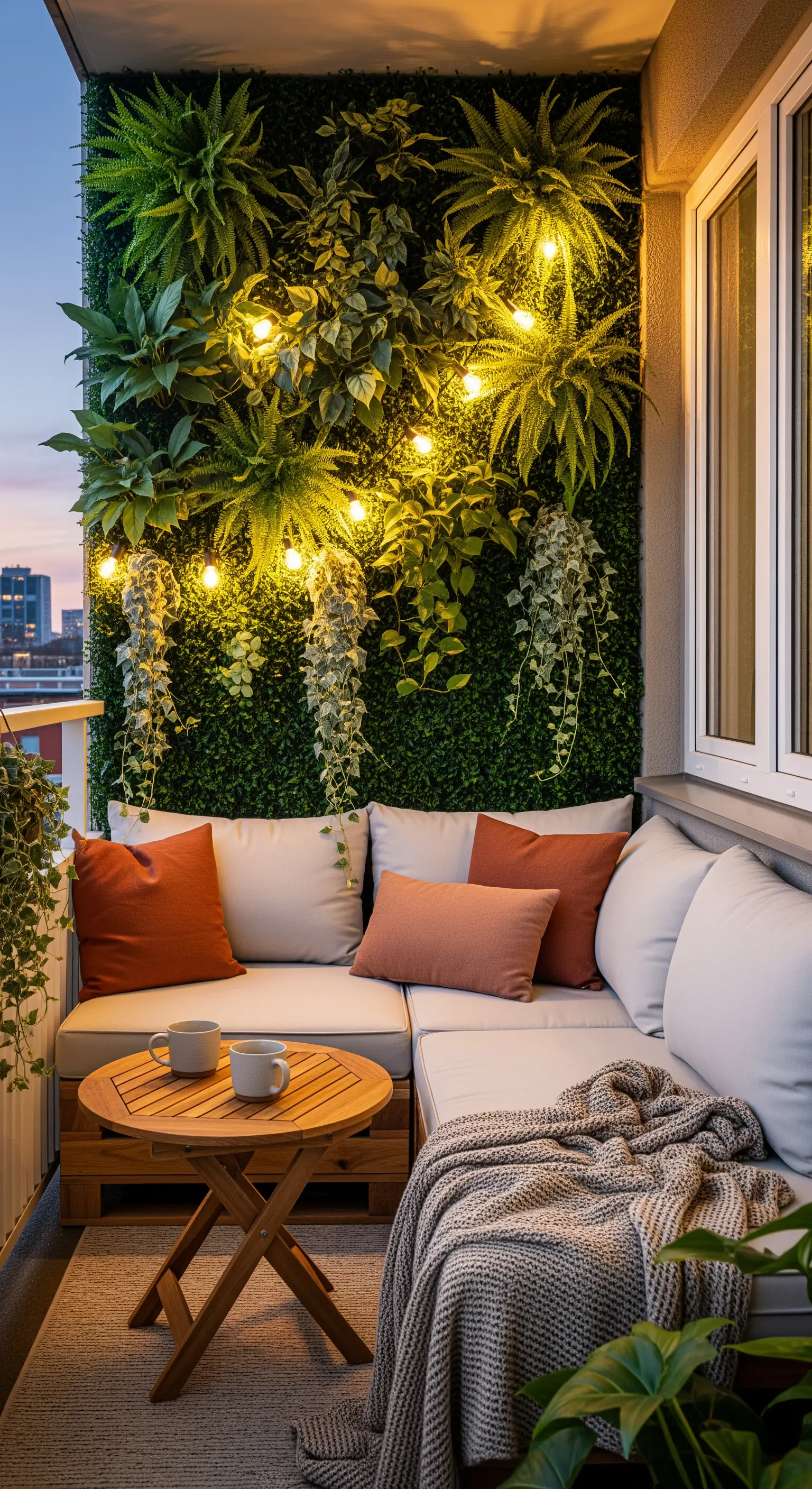 Balcone con parete verde verticale illuminata da lucine, divano angolare e tavolino in legno