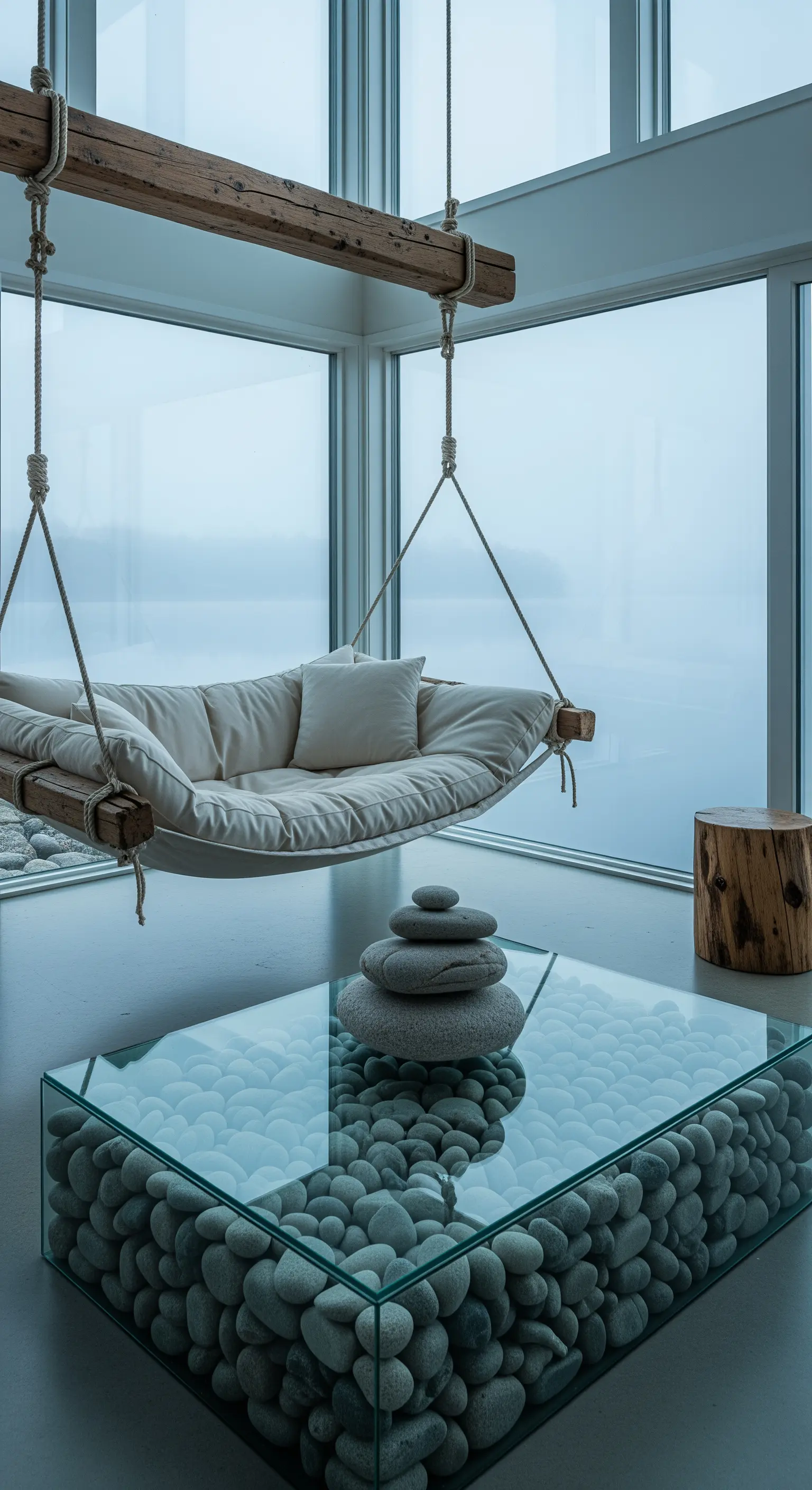 Divano-amaca sospeso con cuscini bianchi e tavolino in vetro pieno di sassi levigati.