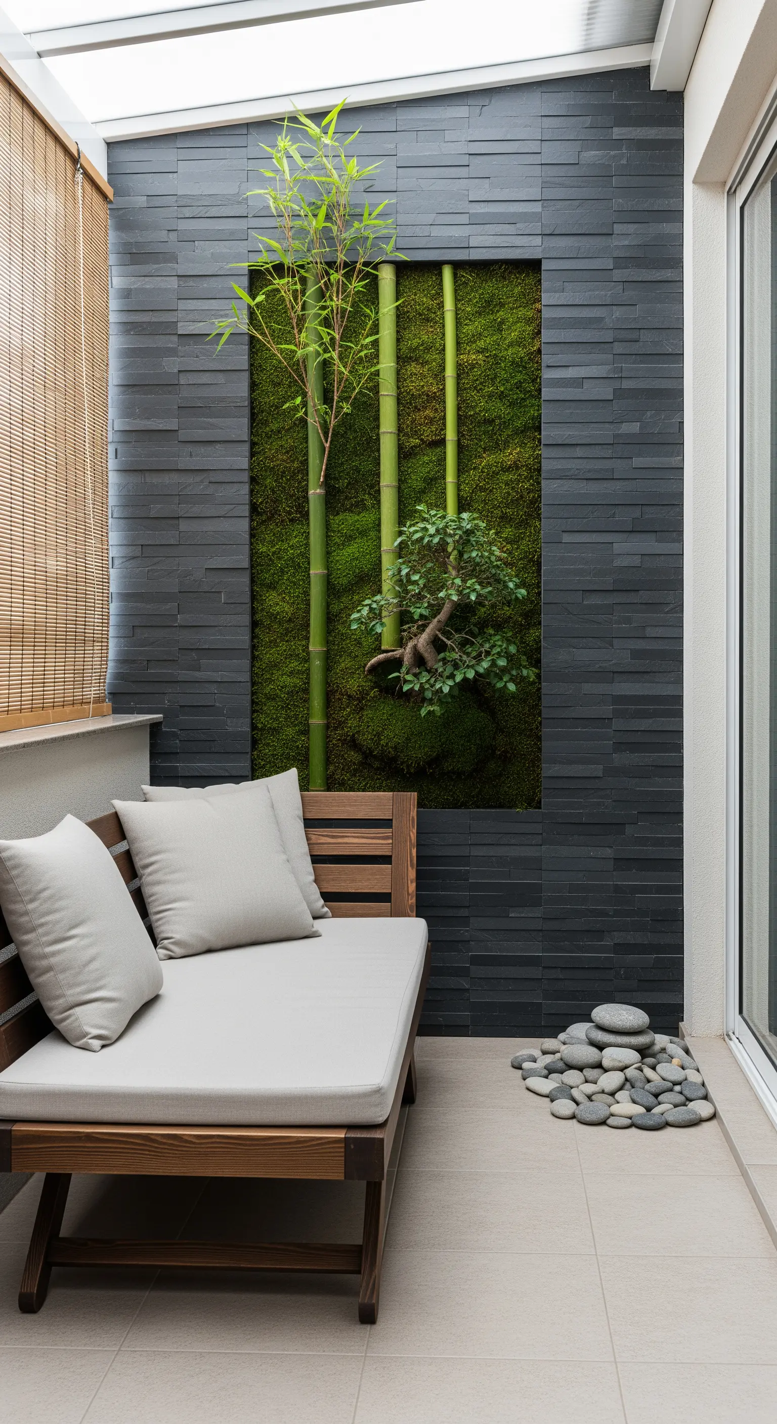 Panchina in legno di fronte a una parete in ardesia con un inserto di muschio e bambù.