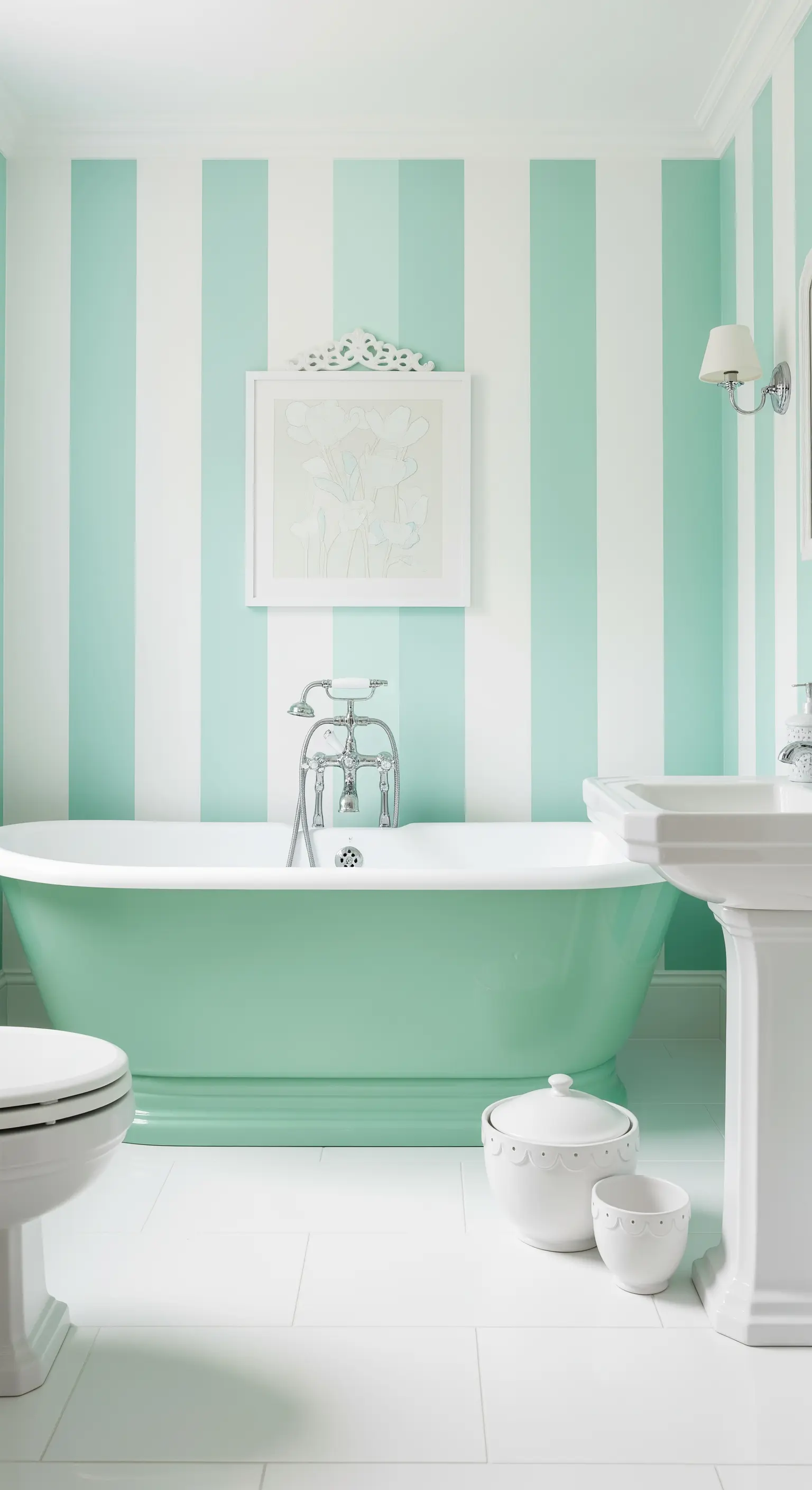 Bagno con pareti a righe verticali bianche e verde menta, con vasca coordinata.
