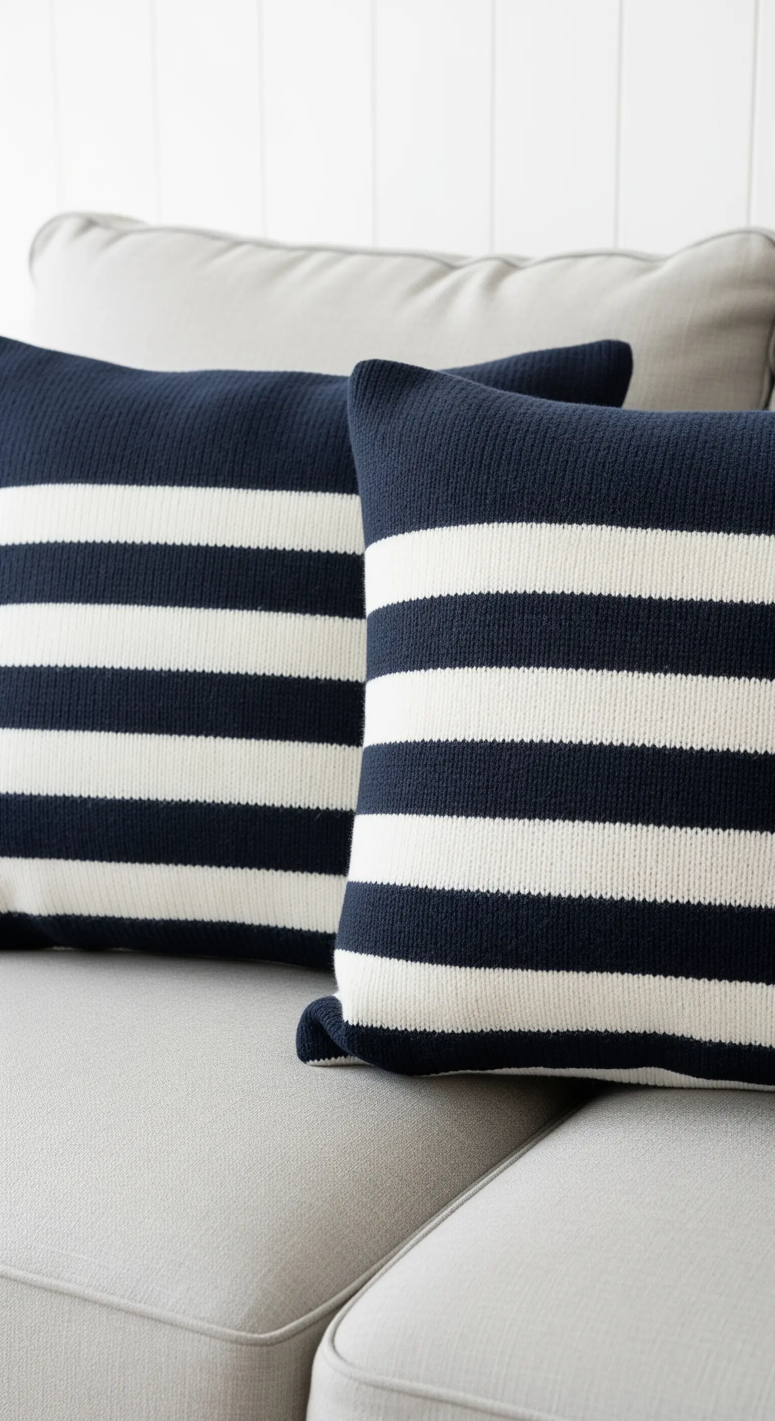 Coppia di cuscini a righe bianche e blu navy in stile marinaro su un divano.