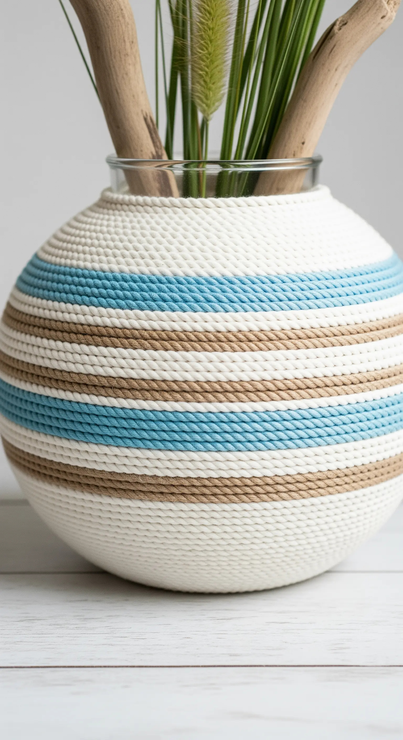 Vaso sferico avvolto in corde a righe bianche, blu e color corda naturale.