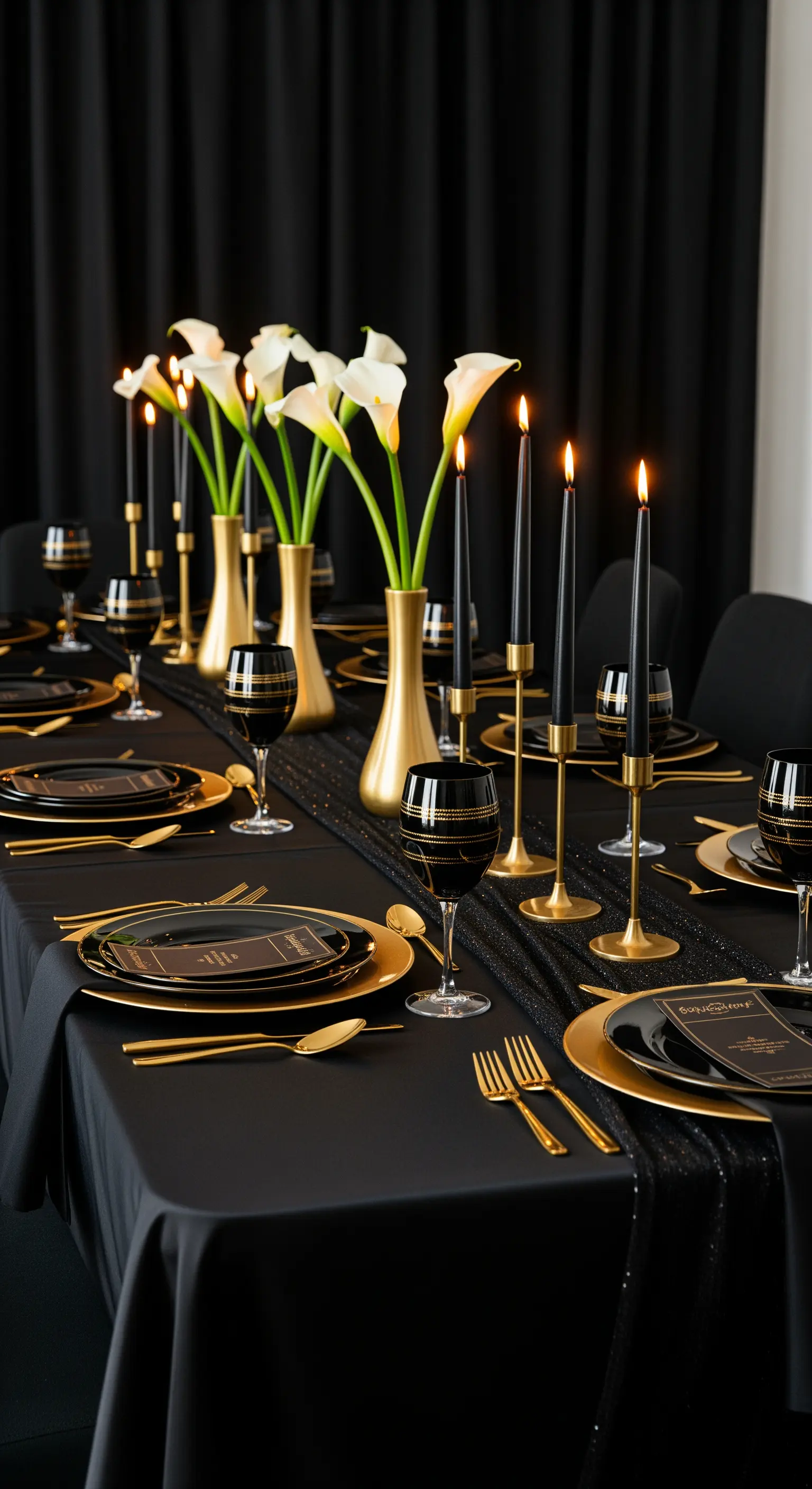 Tavola di compleanno elegante in nero e oro con vasi dorati e calle bianche.
