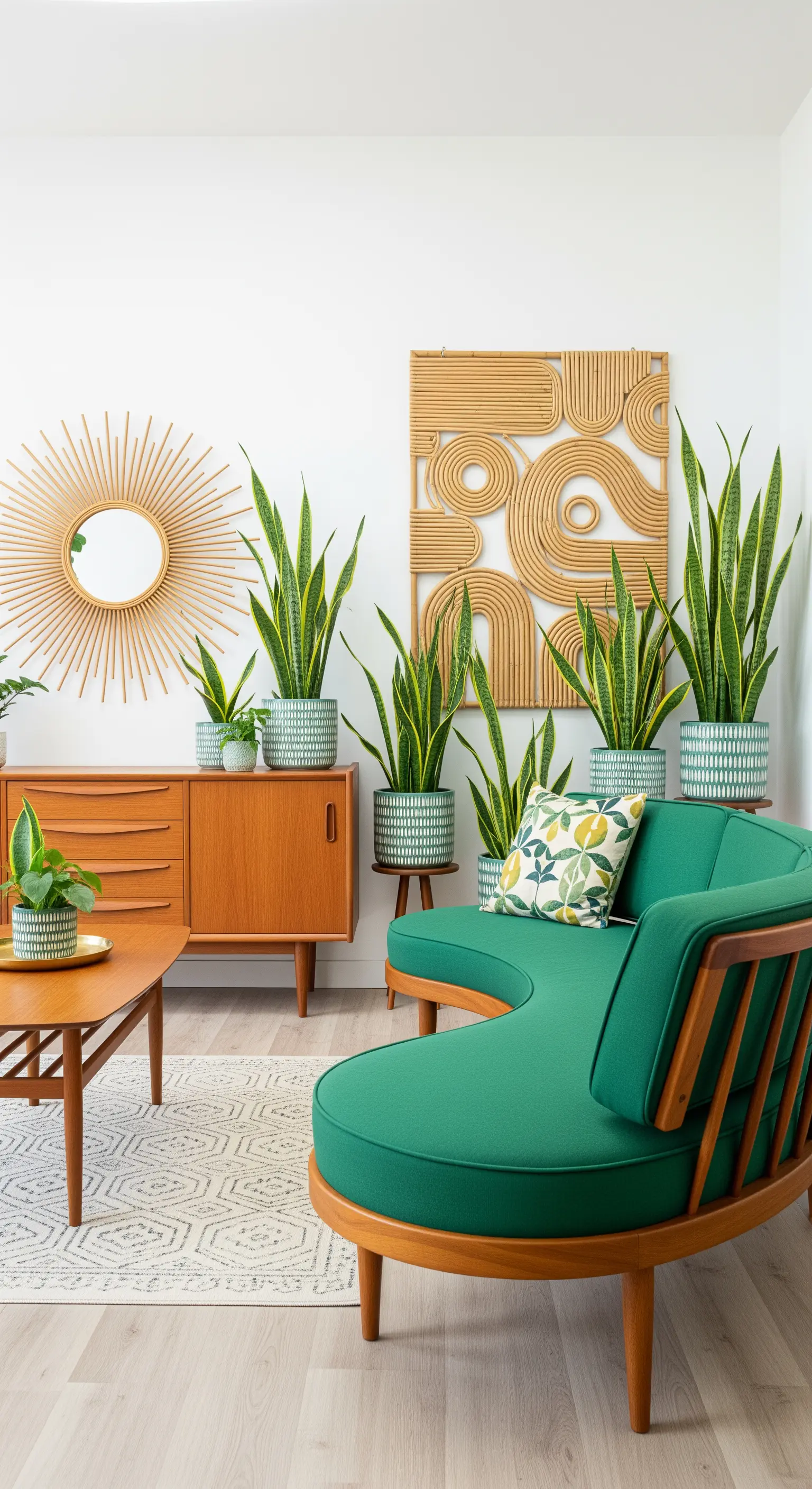Living in stile Mid-Century con credenza in teak, divano curvo verde e specchio a sole.