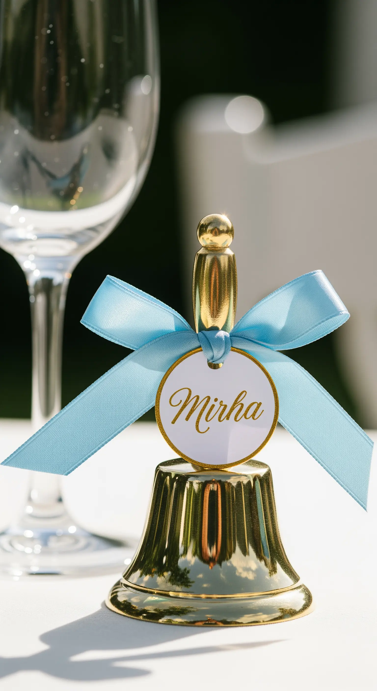 Campanella dorata con un nastro azzurro e un'etichetta bianca e oro con il nome dell'invitato.