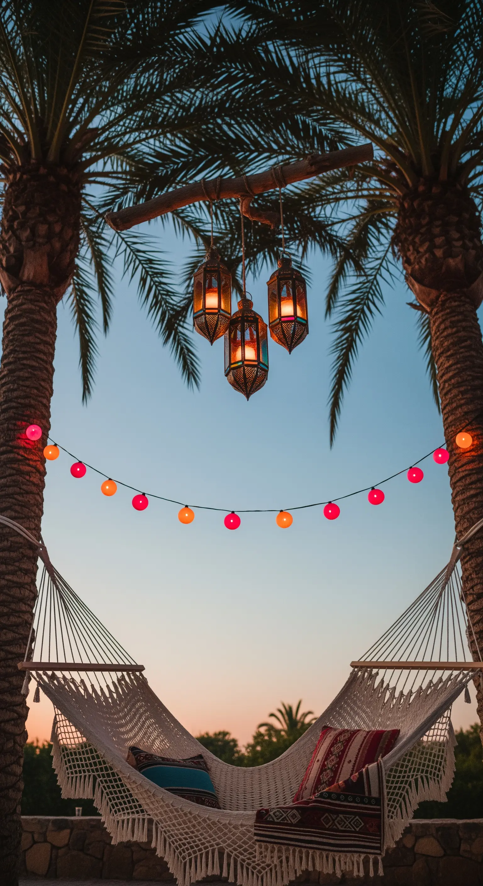 Amaca tra due palme con lanterne sospese e una ghirlanda di luci colorate.