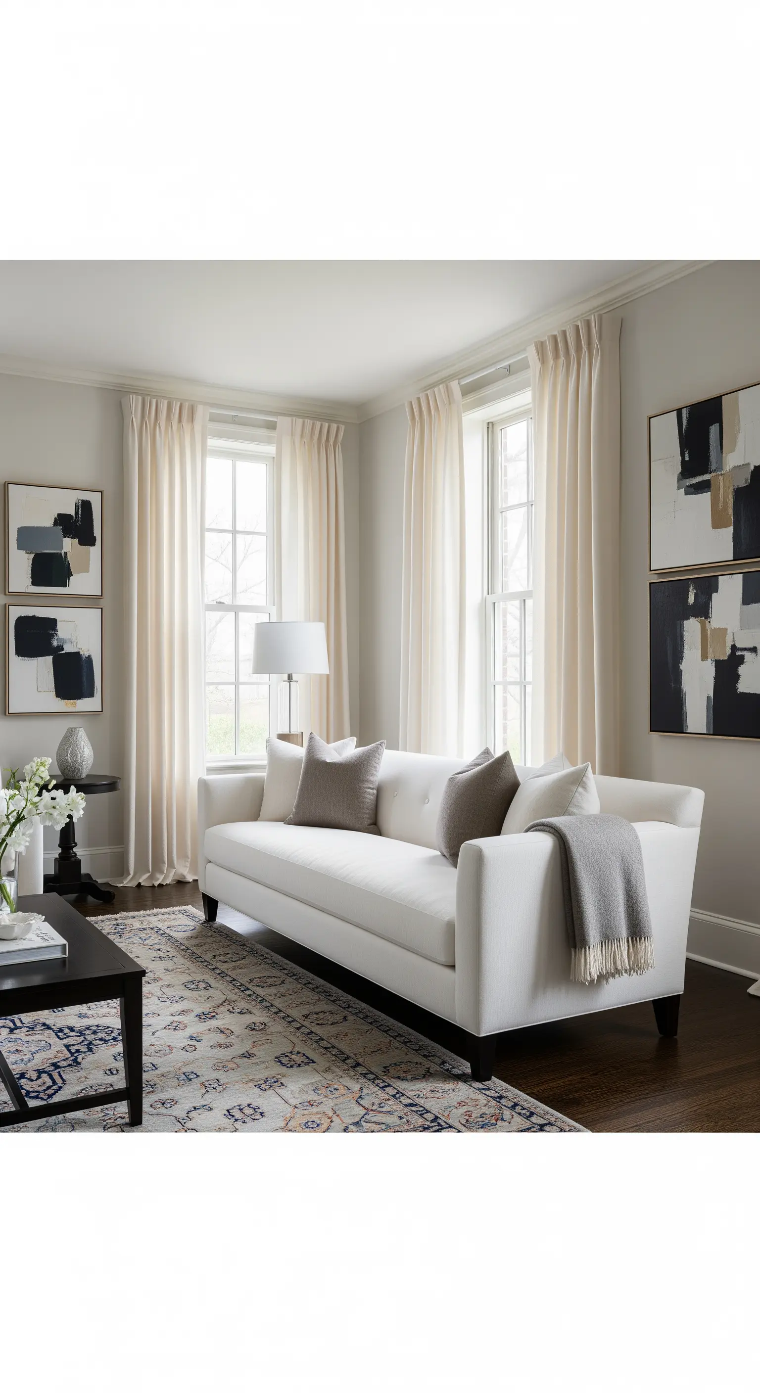 Soggiorno elegante con divano bianco, tende color crema e quadri astratti alla parete.