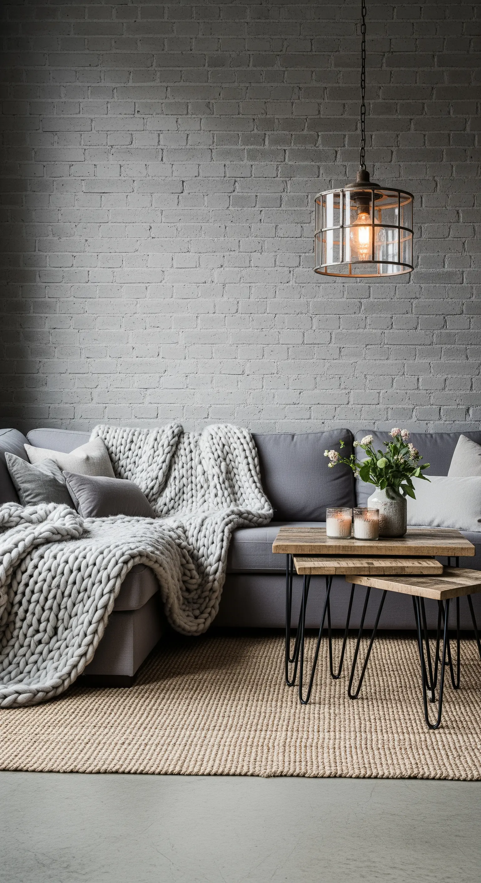 Salotto con parete in mattoni grigi, divano grigio con coperta a maglia grossa e tappeto in iuta.