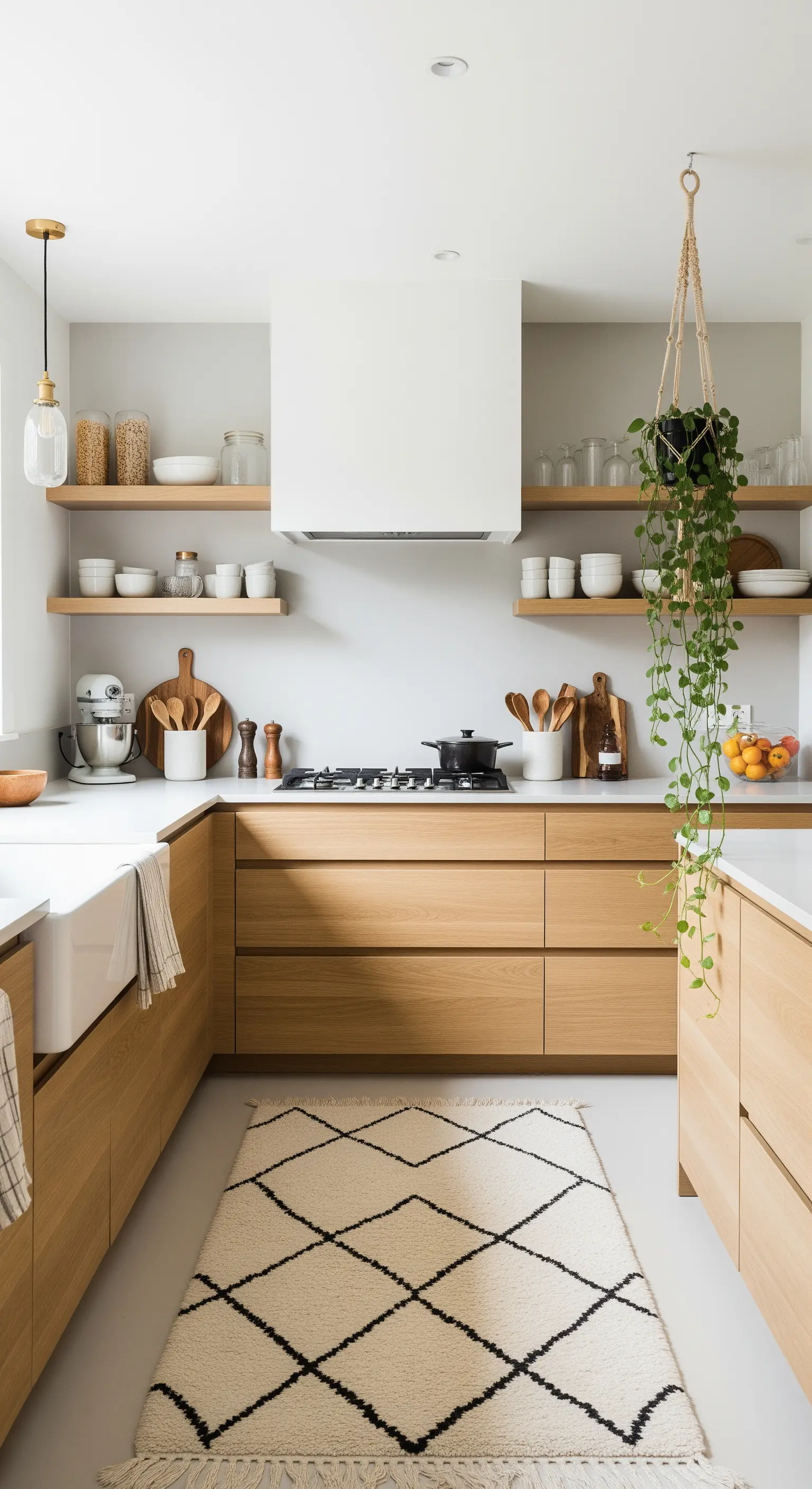 Cucina minimalista in legno chiaro con tappeto berbero e una pianta sospesa con macramè.