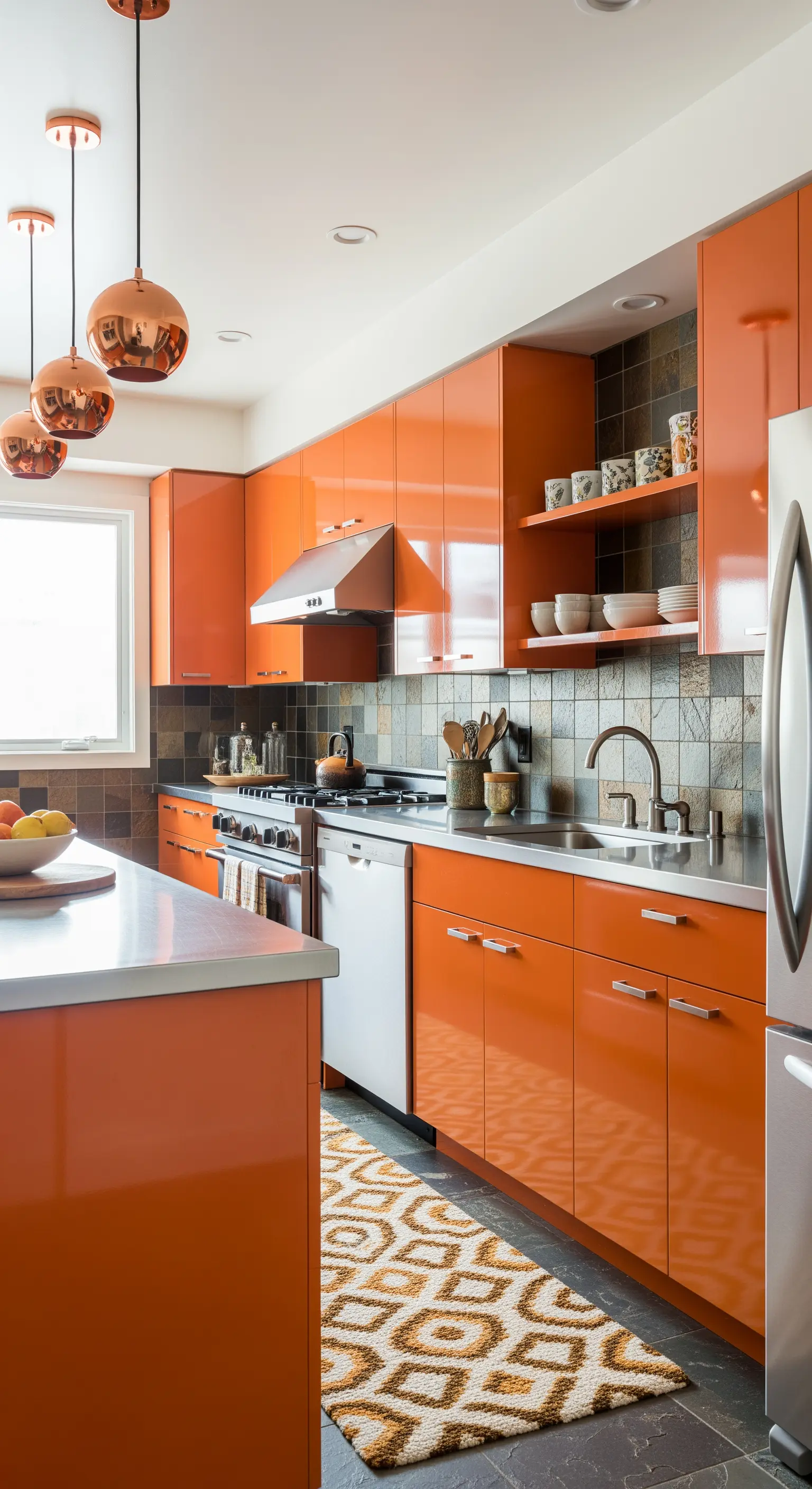 Cucina con mobili arancioni laccati, paraschizzi in ardesia e lampade a sospensione in rame.