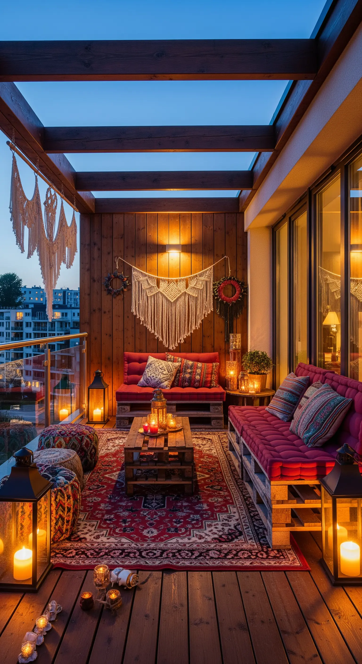 Balcone bohémien con divani in pallet, tappeto persiano, lanterne e decorazioni in macramè