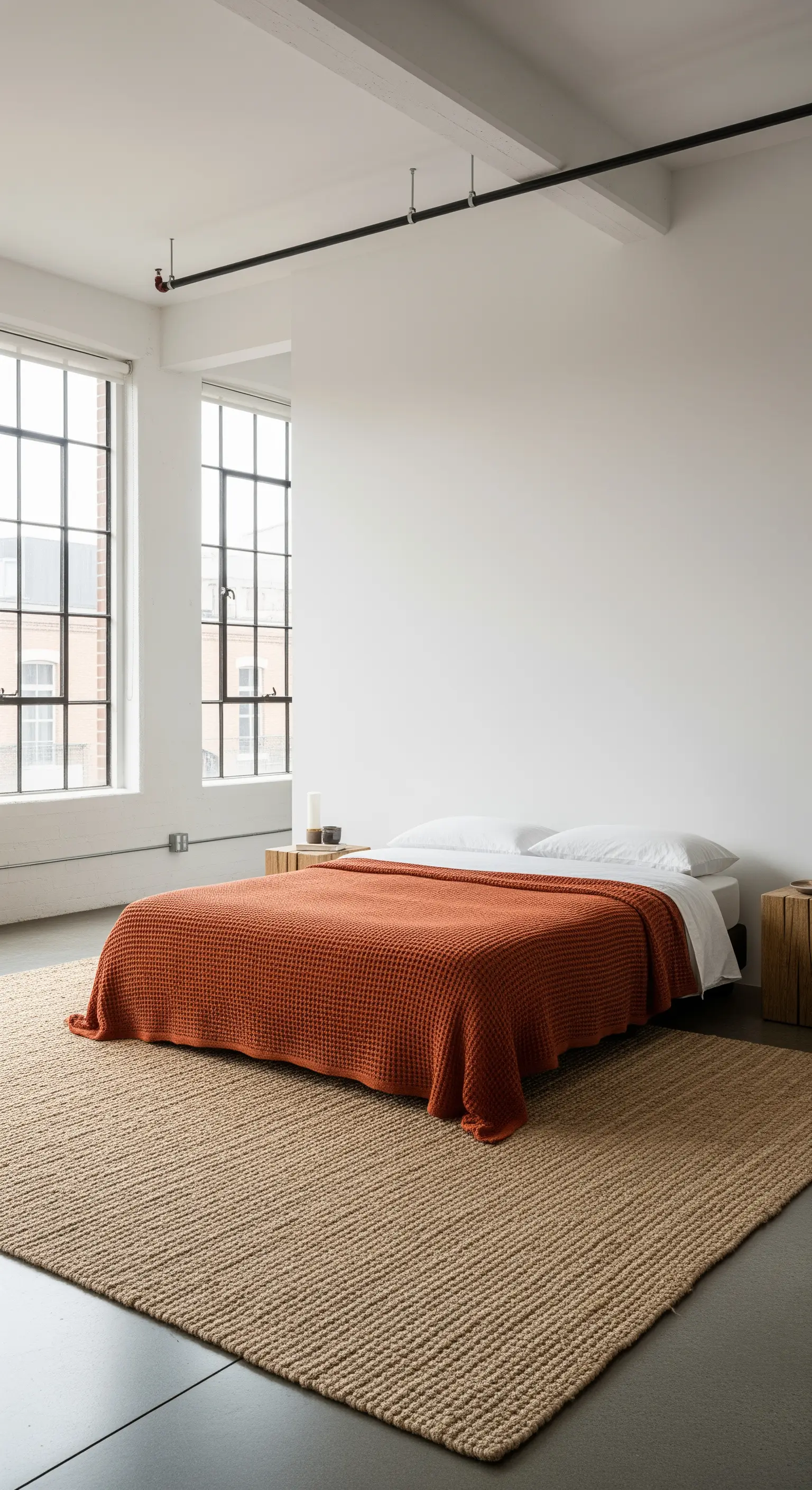 Camera da letto in stile industriale con pavimento in cemento, riscaldata da un tappeto in juta.