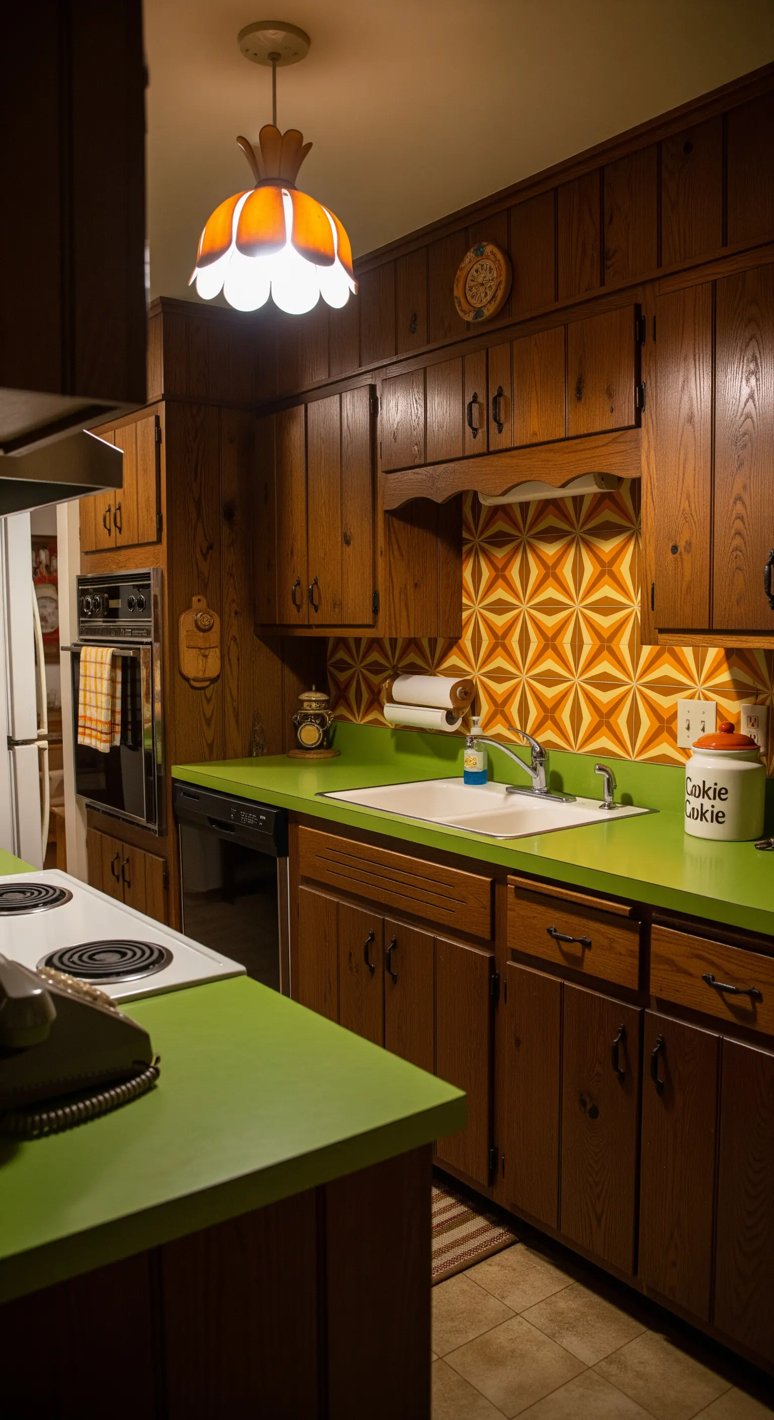 Cucina vintage con mobili in legno scuro, piano di lavoro verde brillante e lampada a fiore.