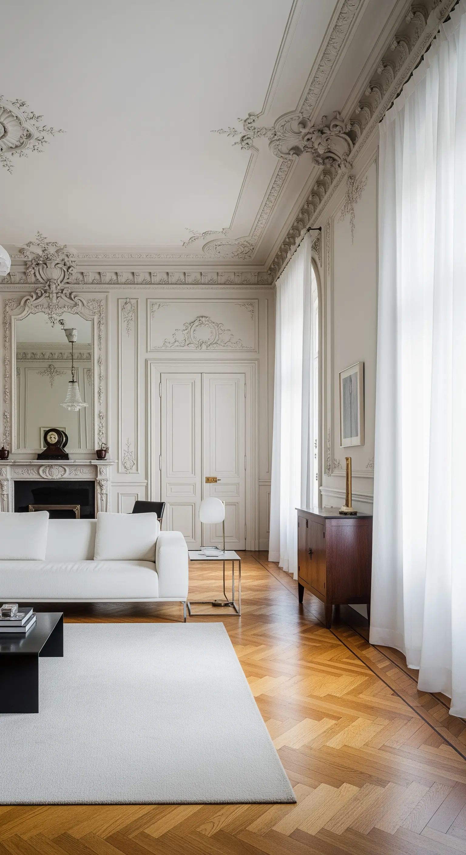 Appartamento parigino con soffitti alti, stucchi e tende bianche che sfiorano il parquet.