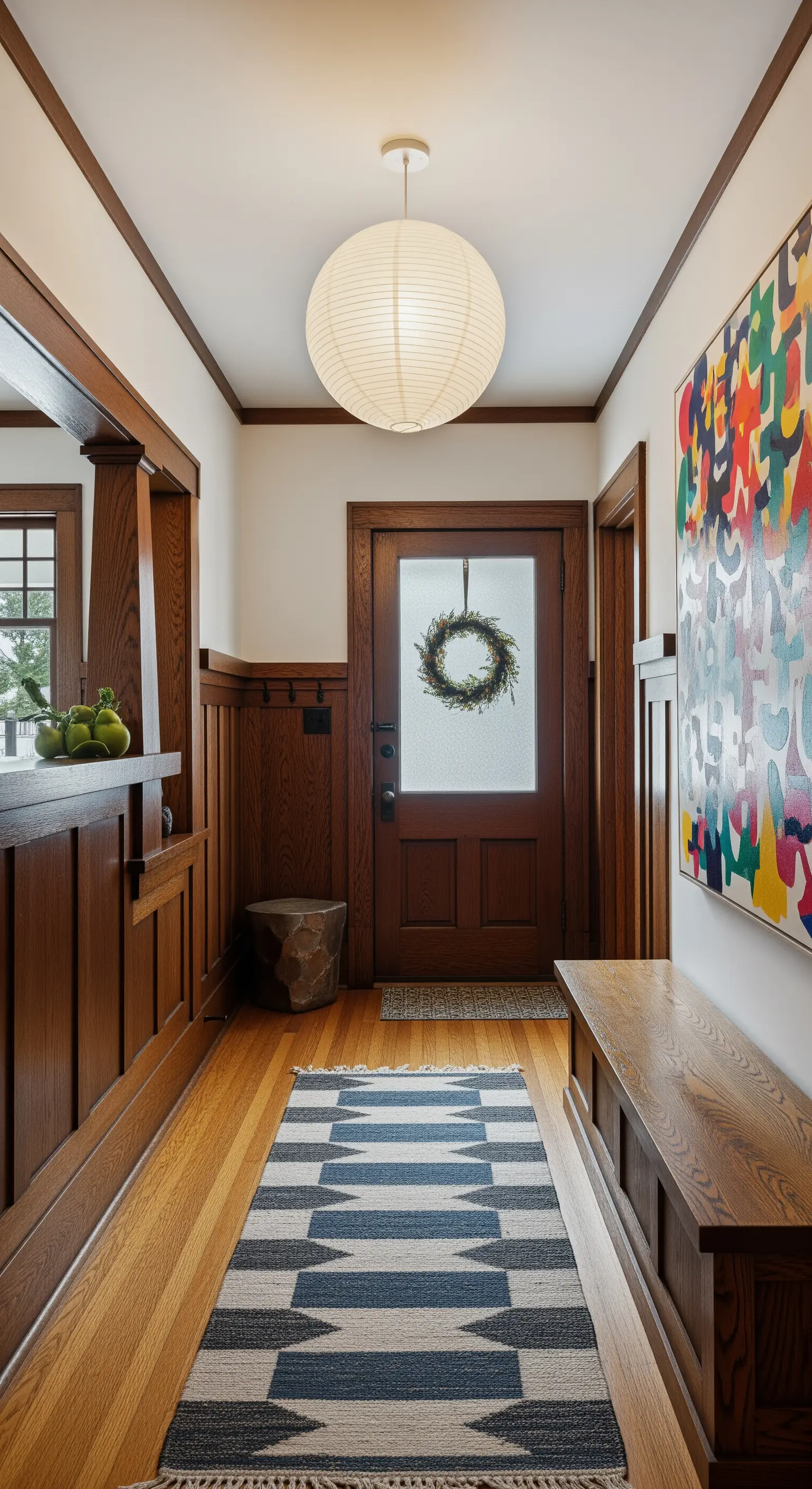 Ingresso in stile Craftsman con boiserie in legno, lanterna di carta e quadro astratto colorato.