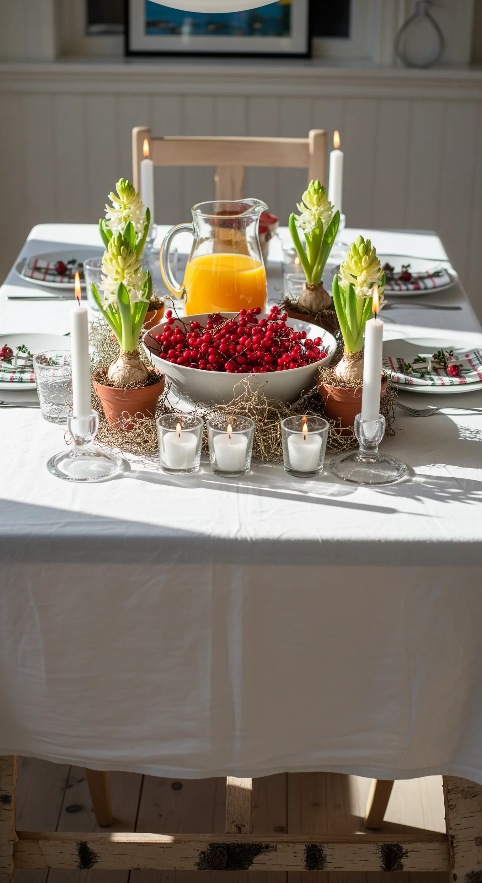 Tavola di Natale luminosa con giacinti in vaso, mirtilli rossi e succo d'arancia.