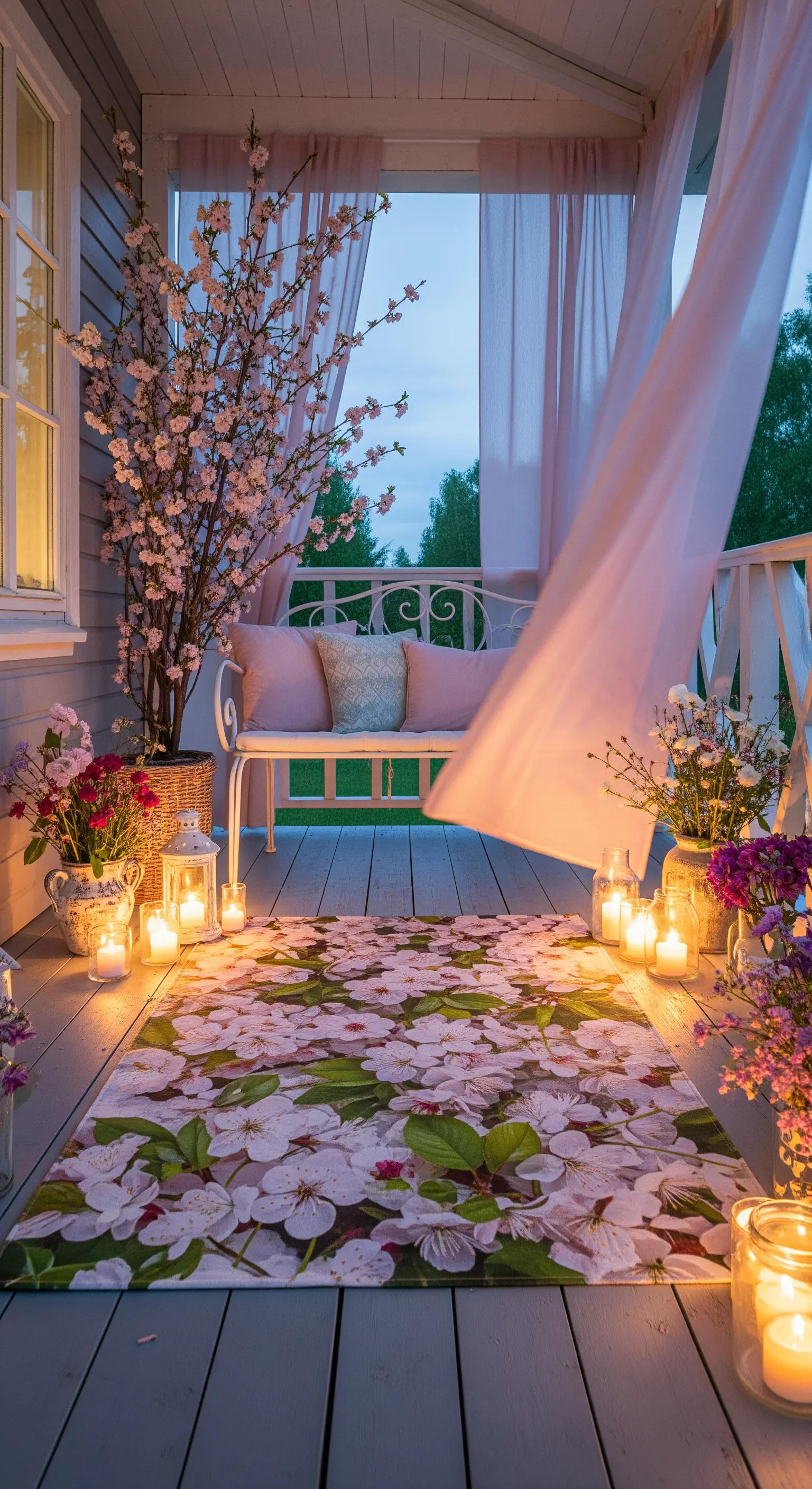 Balcone a tema primaverile con panchina bianca, tappeto con fiori di ciliegio e tende rosa.