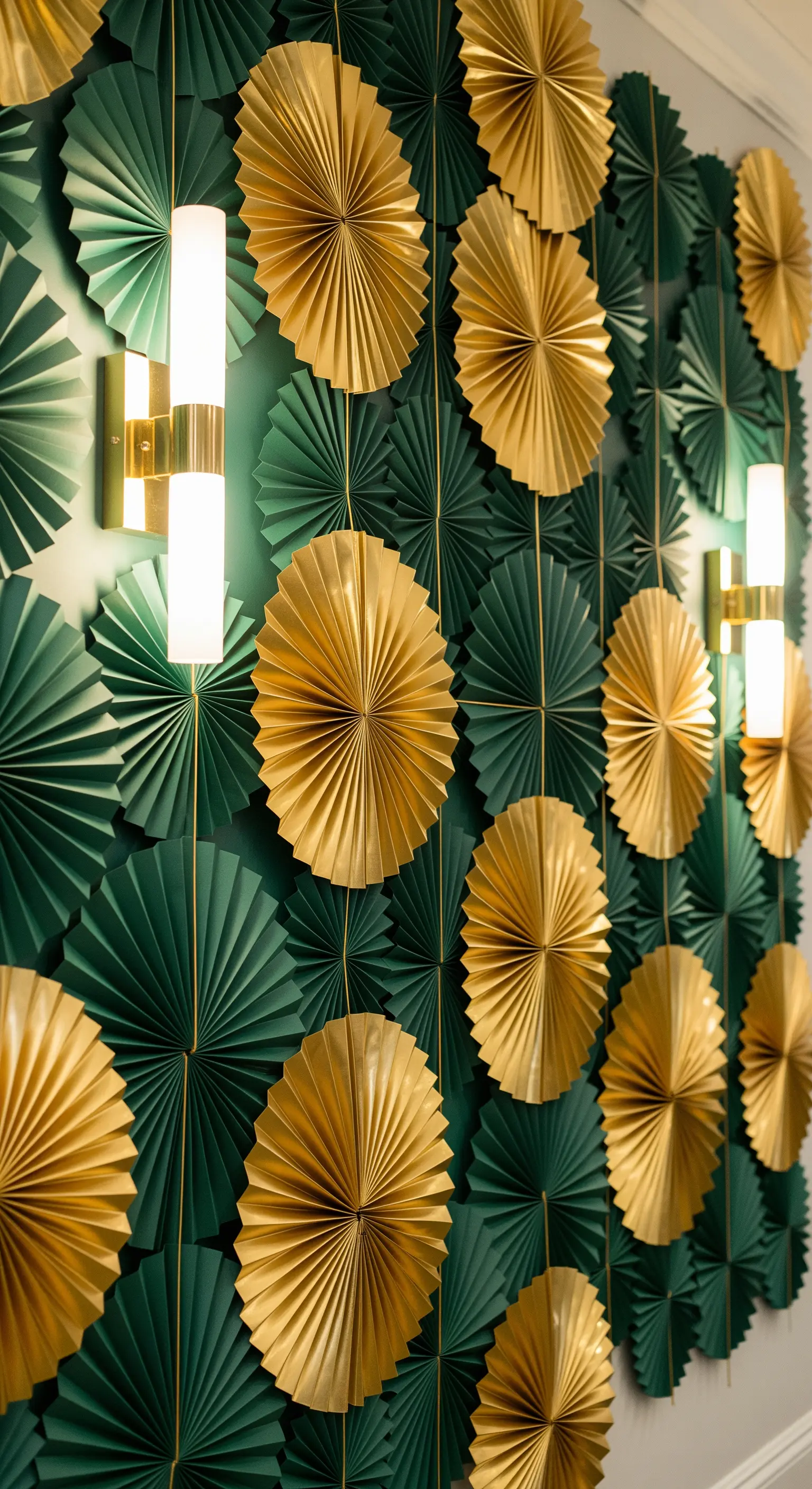 Parete decorata con ventagli di carta verde smeraldo e oro, illuminata da applique moderne.