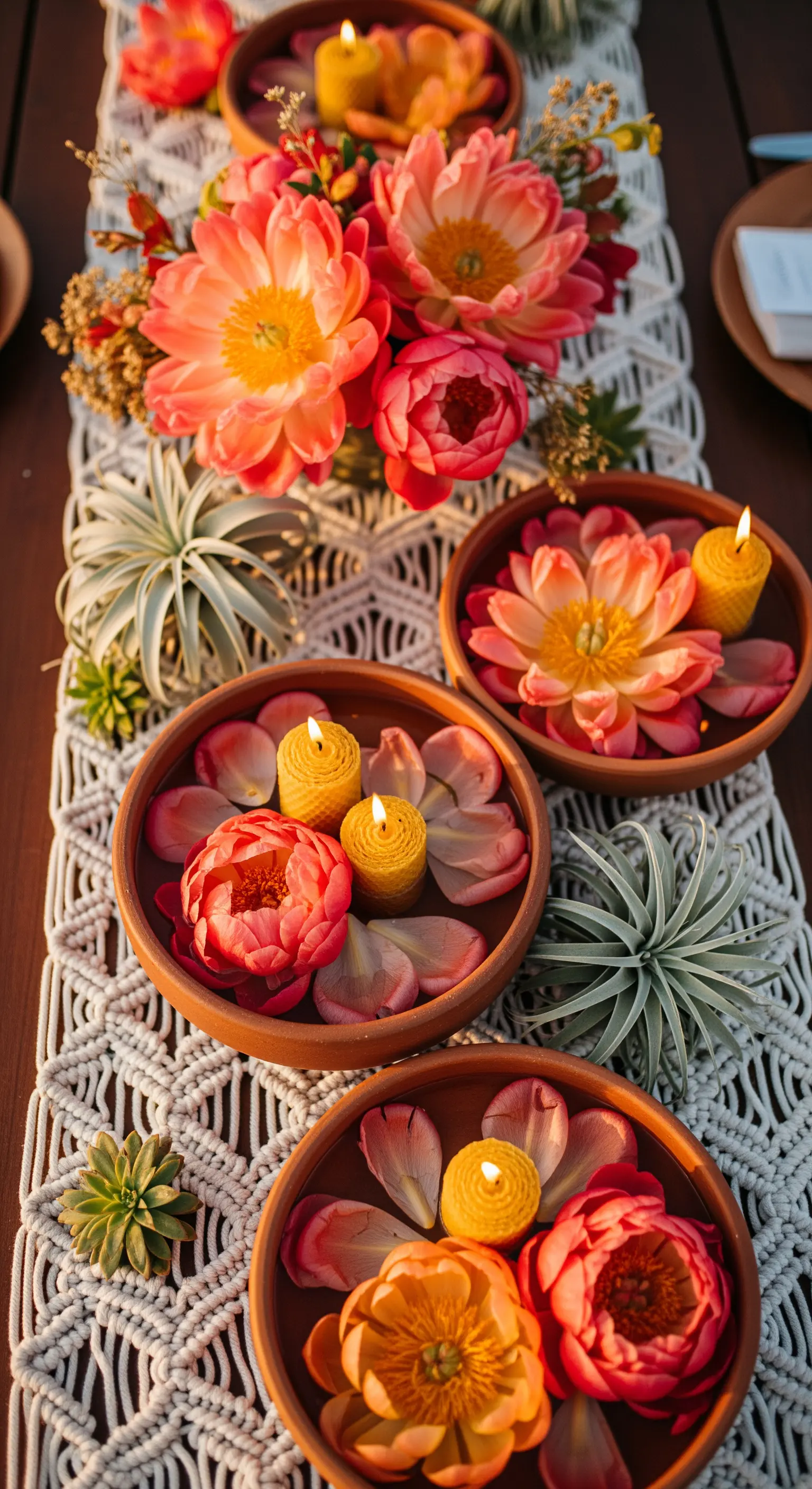 Runner in macramè con ciotole in terracotta, peonie corallo, candele e piante aeree.