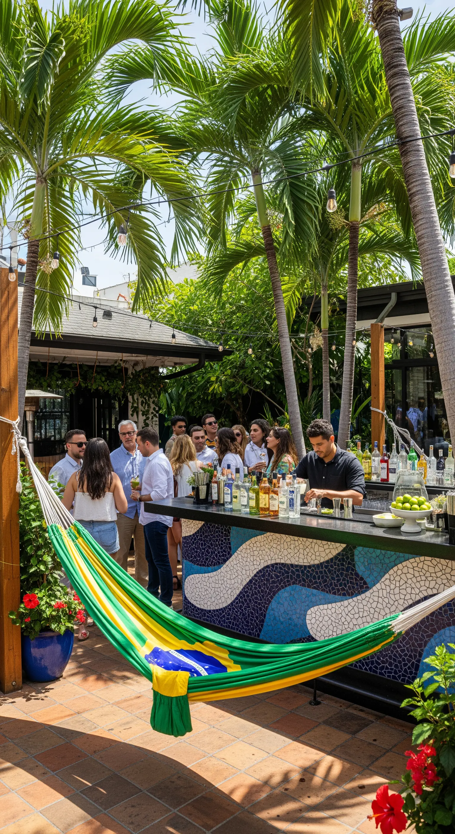 Patio con bar a mosaico blu e bianco e un'amaca con i colori della bandiera brasiliana.