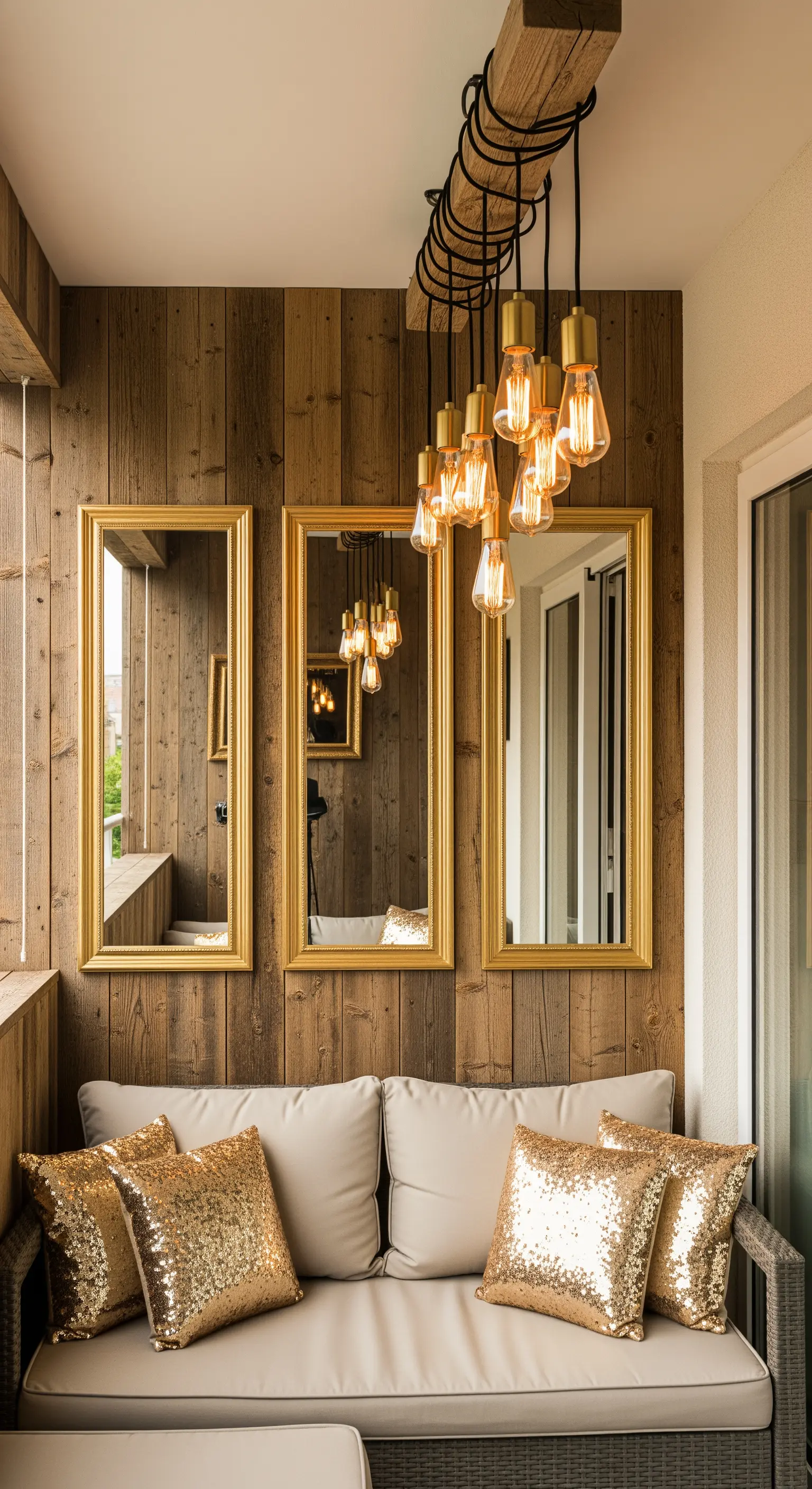 Balcone con tre specchi verticali dorati, divano grigio e cuscini con paillettes