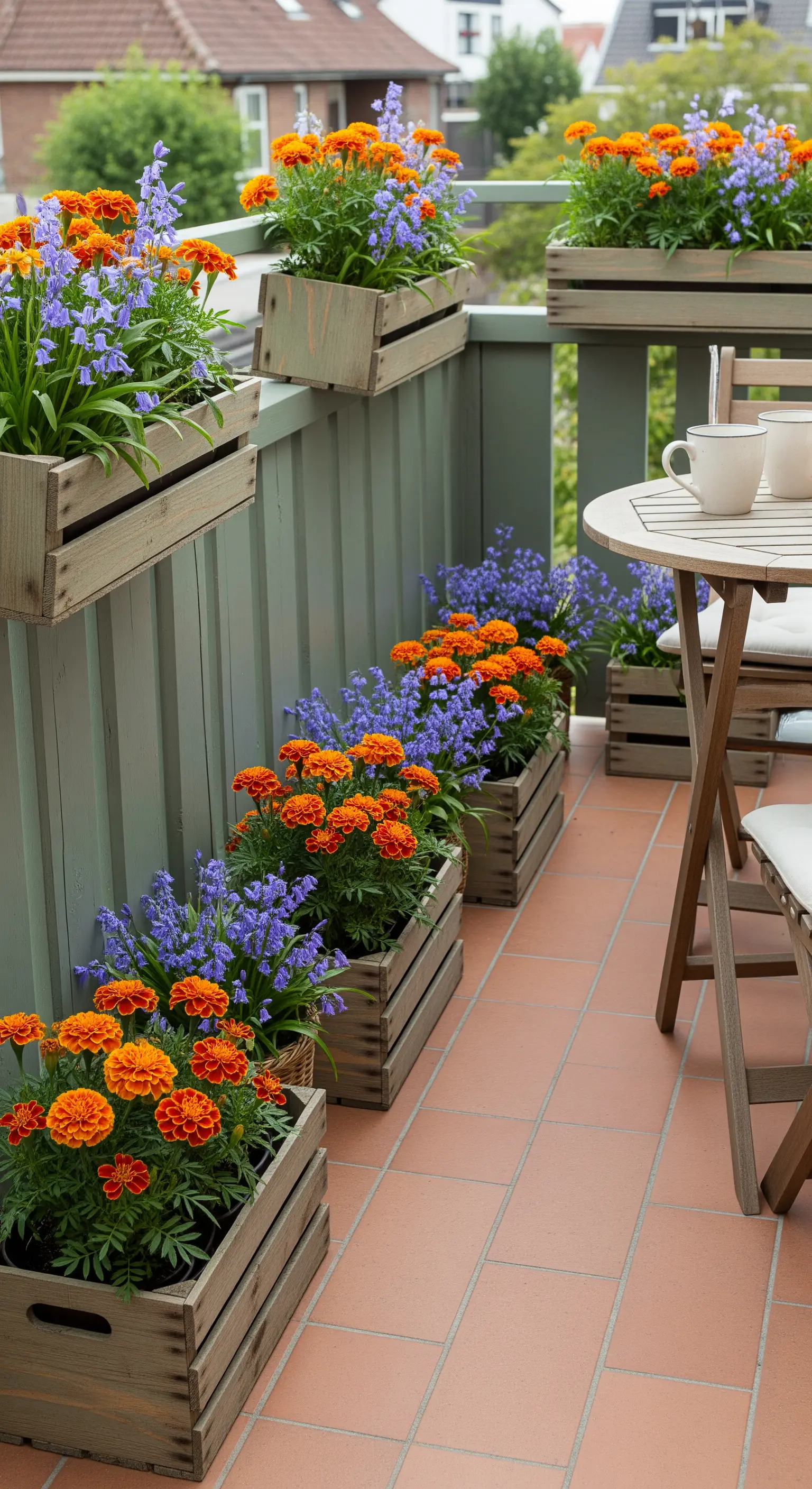 Fioriere in cassetta di legno a diverse altezze con fiori arancioni e blu su un balcone.